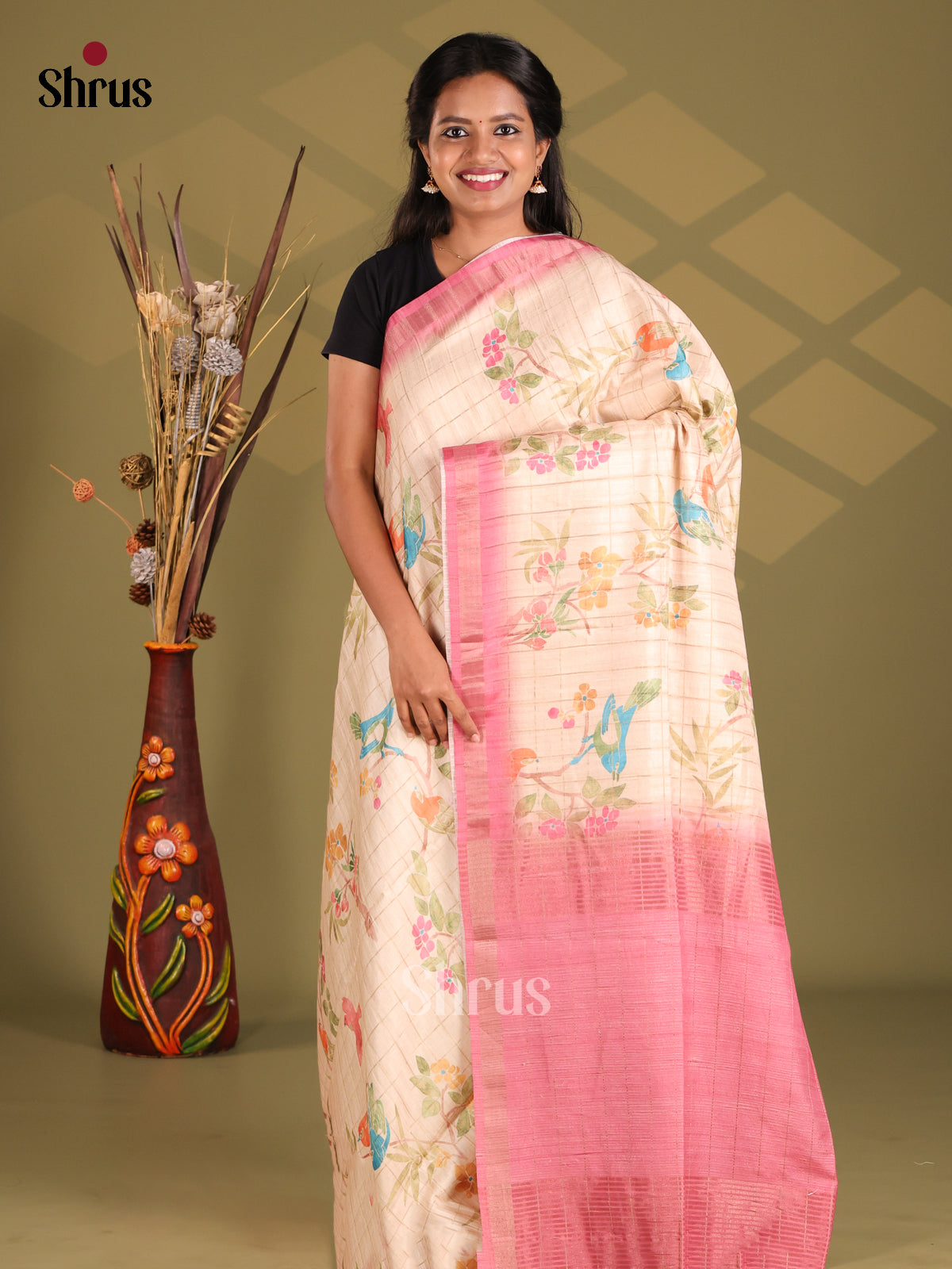 Cream & Pink - Champa semitussar Saree