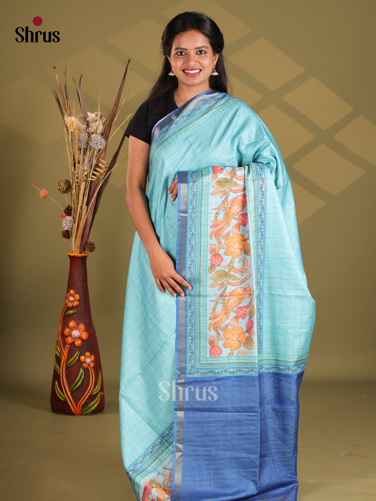 Lite Blue & blue - Champa semitussar Saree - Shop on Shrus.com
