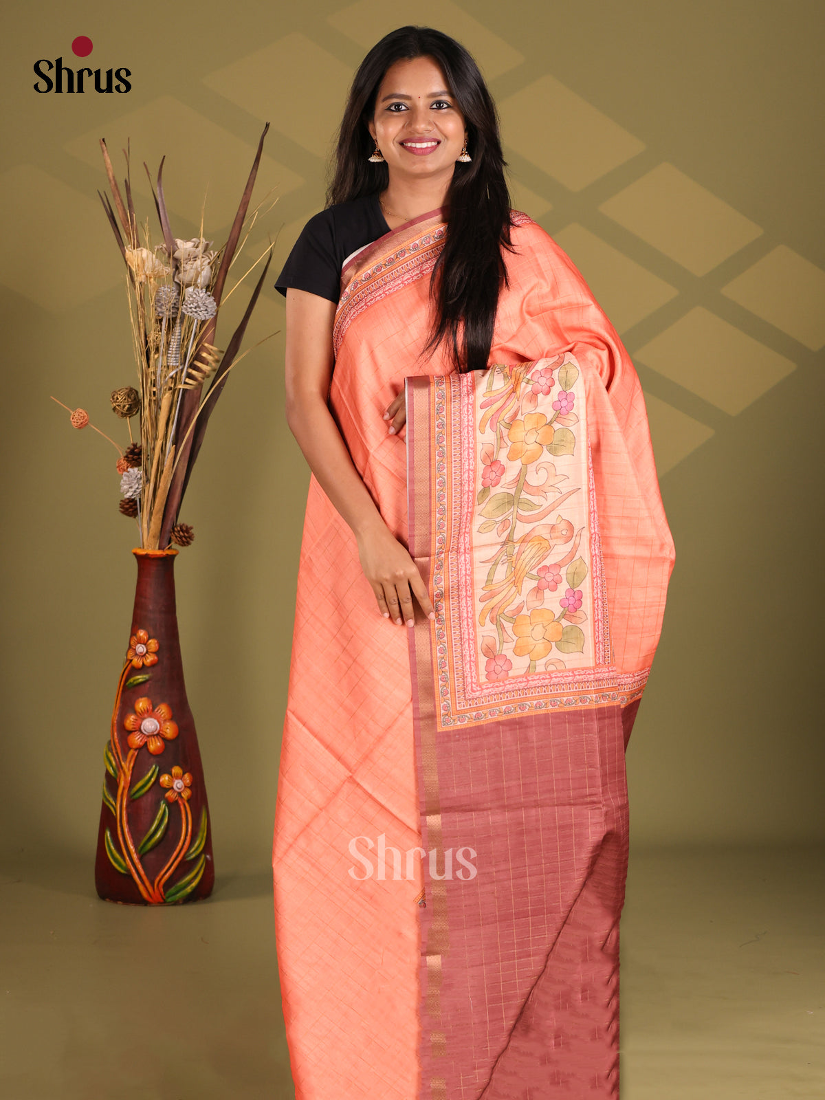 Peach & Maroon - Champa semitussar Saree - Shop on Shrus.com