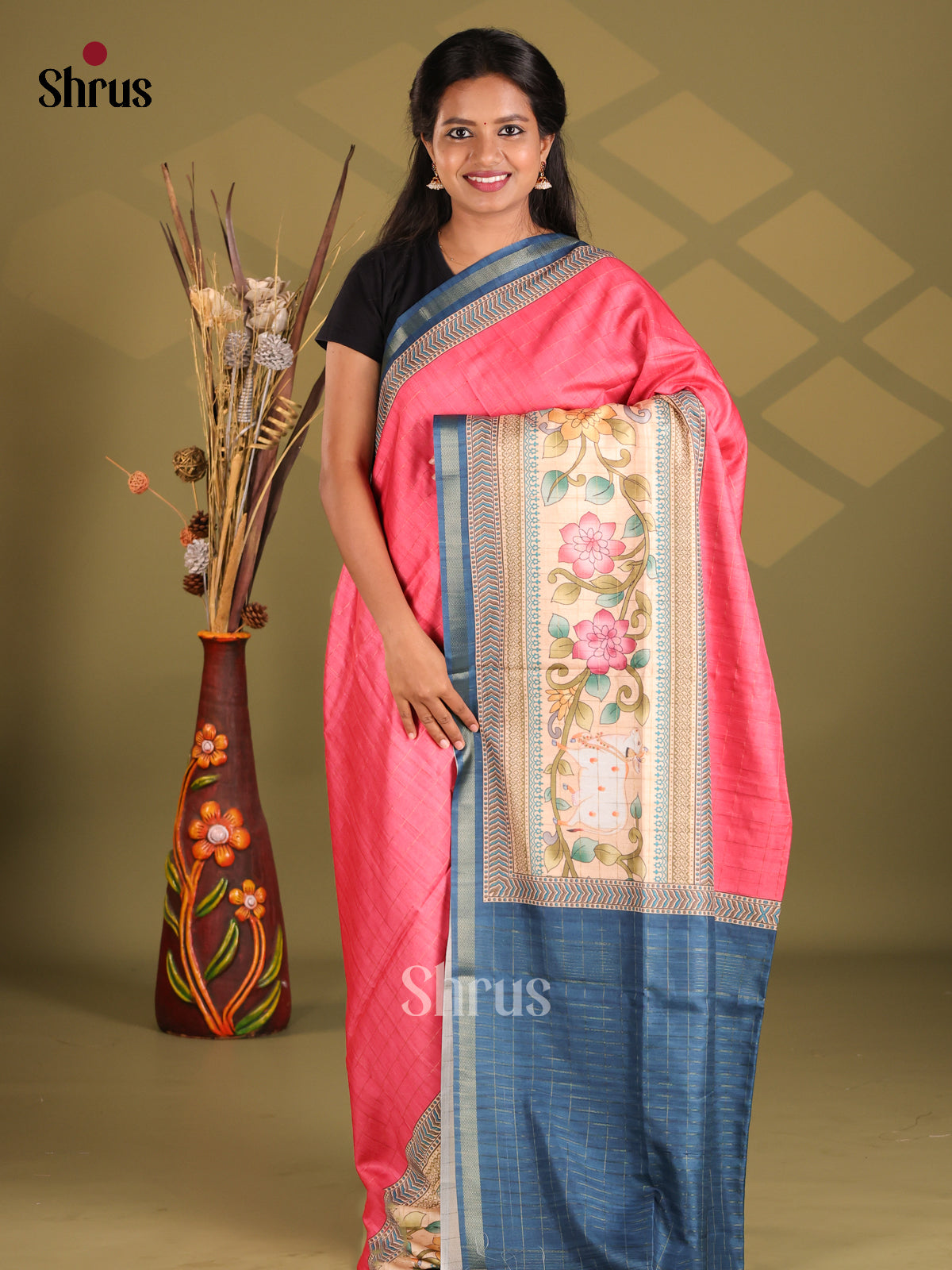 Pink & Blue - Champa semitussar Saree - Shop on Shrus.com