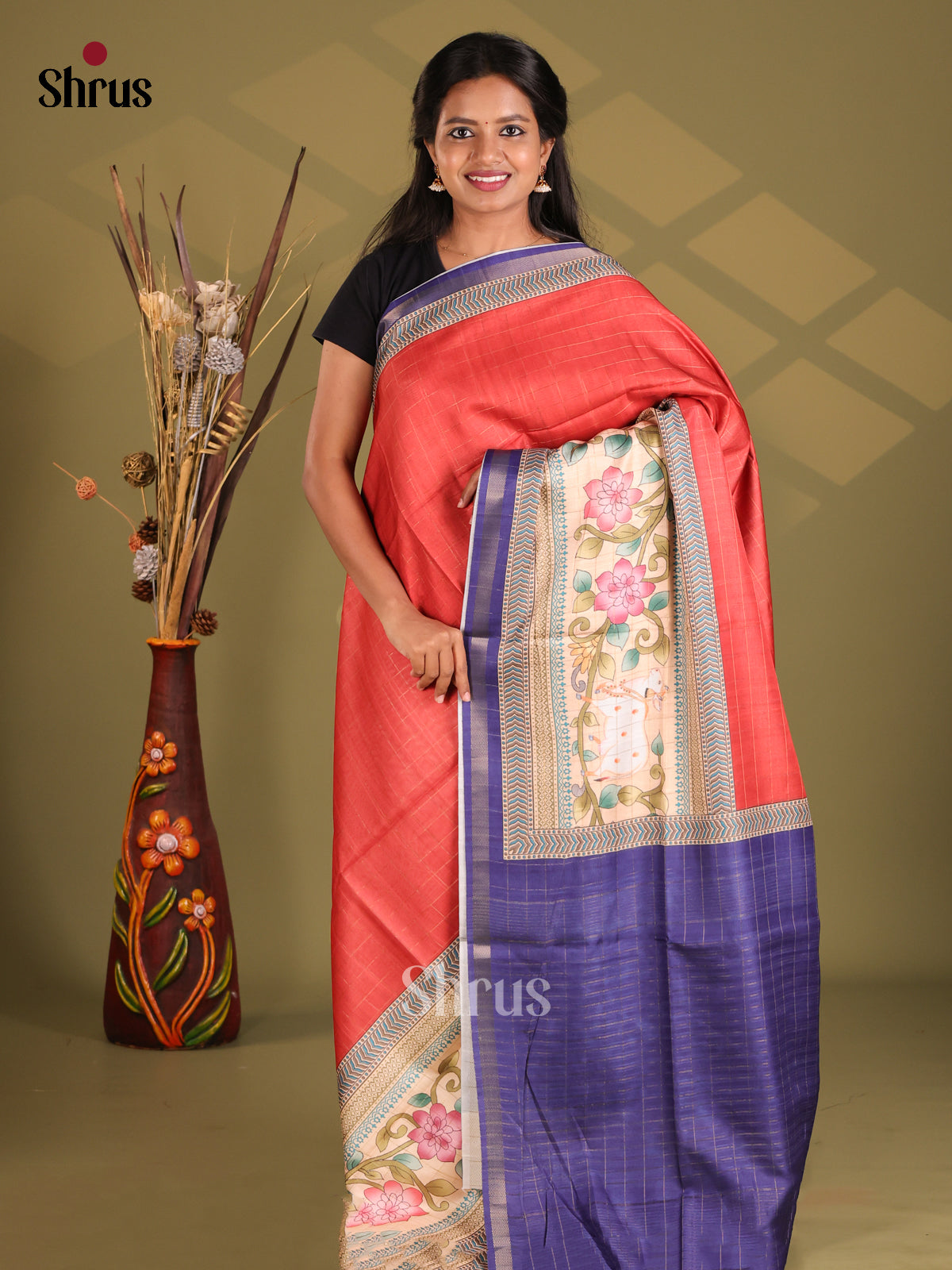 Red & Blue- Champa semitussar Saree - Shop on Shrus.com