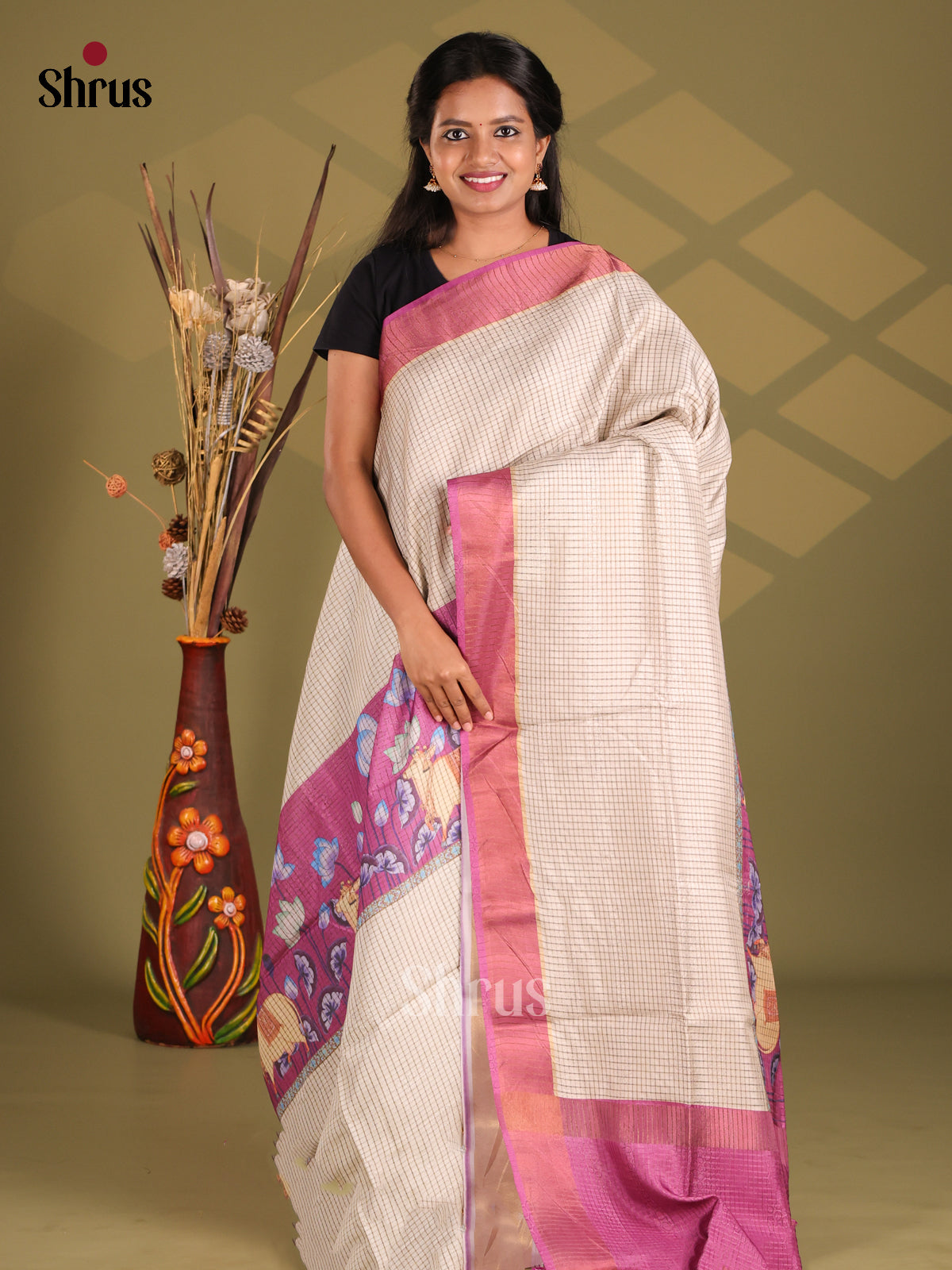 Cream & Purple - Champa semitussar Saree - Shop on Shrus.com