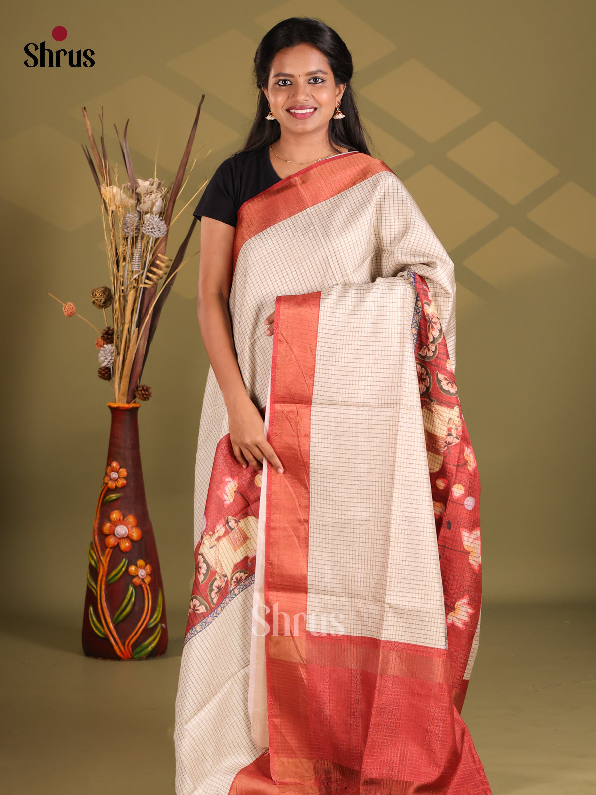 Cream & Red- Champa semitussar Saree - Shop on Shrus.com
