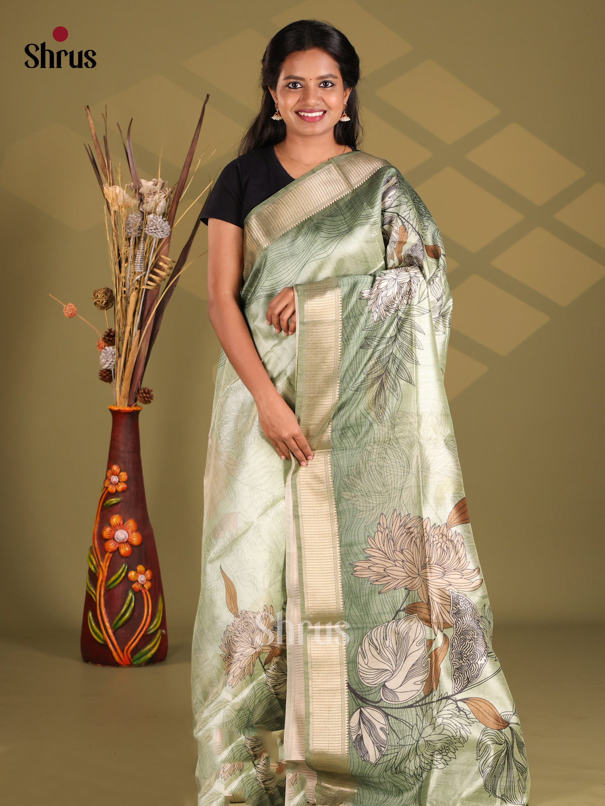 Cream & Grey Green - Champa semitussar Saree
