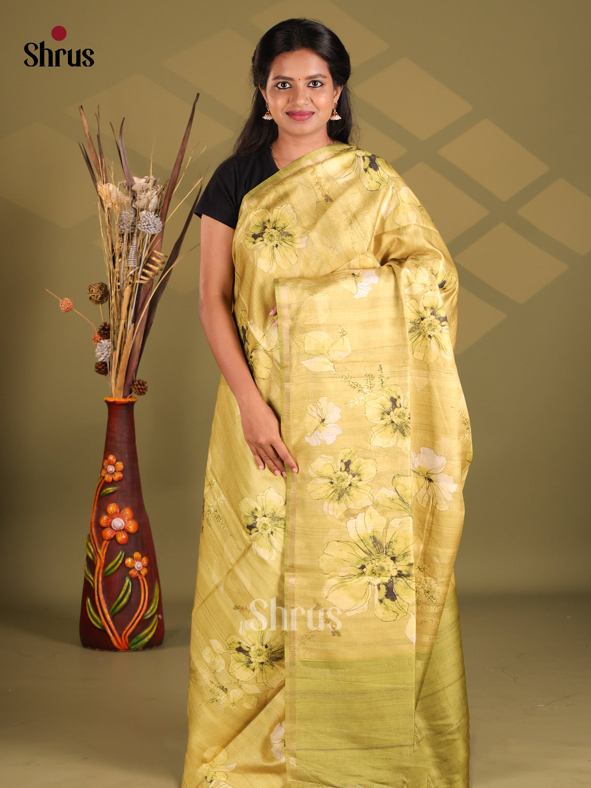 Mustardy Green - Champa semitussar Saree - Shop on Shrus.com