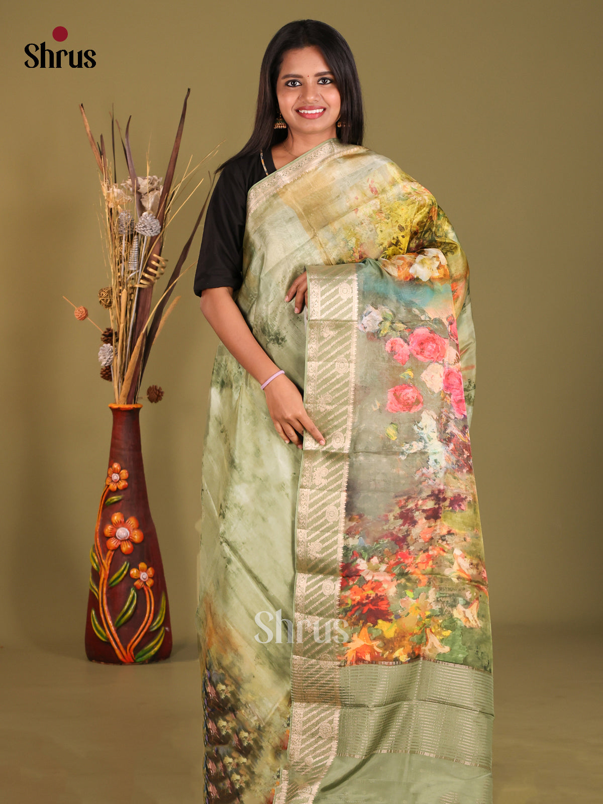 Green - Semi Organza Saree - Shop on Shrus.com
