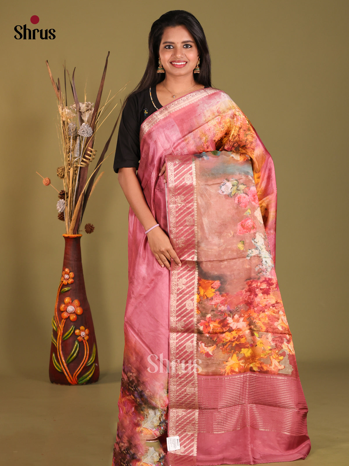 Pink - Semi Organza Saree - Shop on Shrus.com