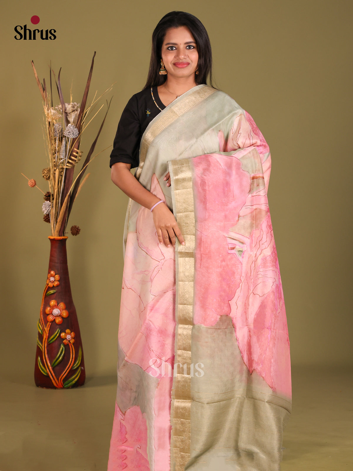 Chutney Green & Pink - Semi Organza Saree