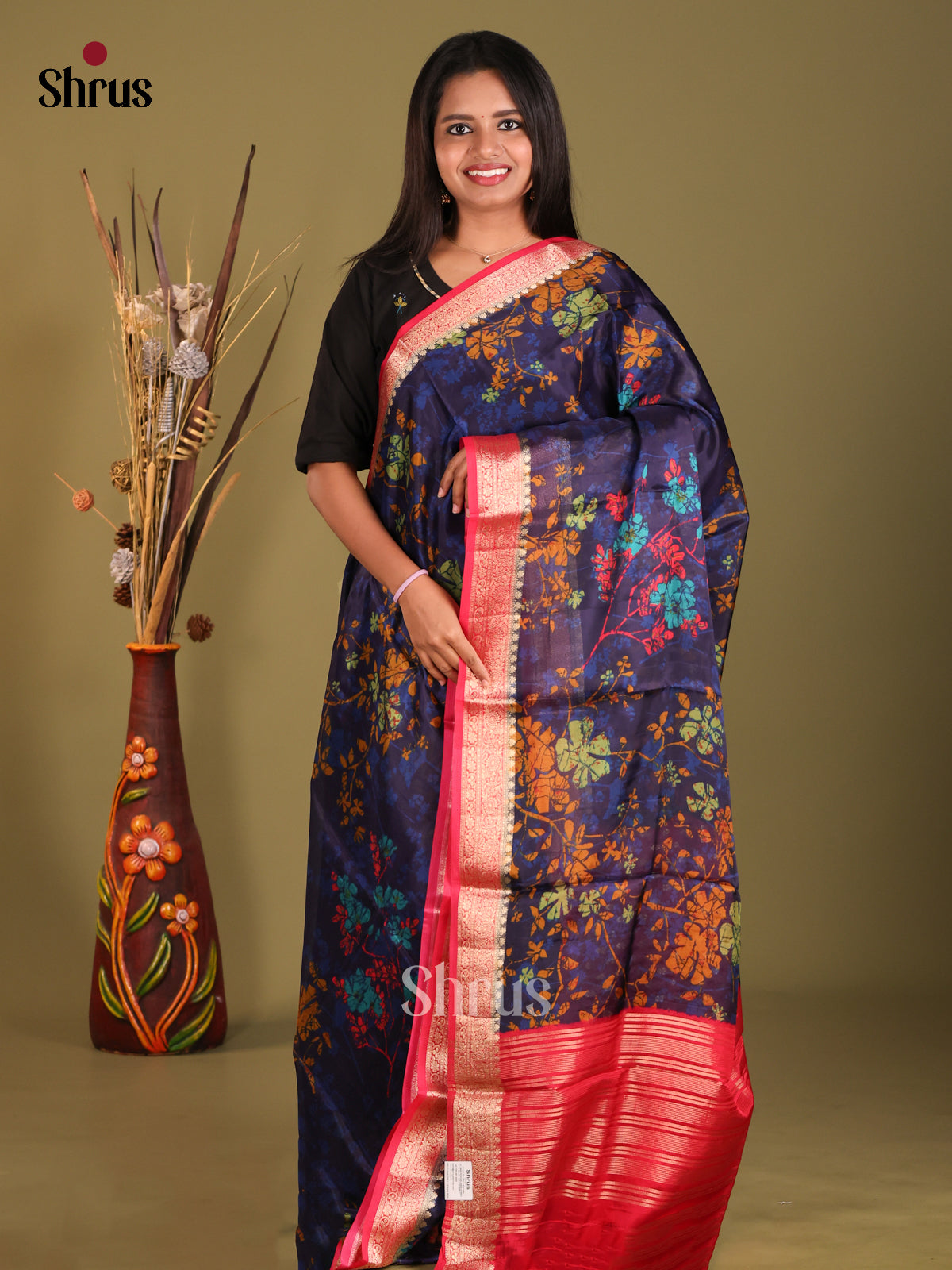 Blue & Red - Semi Organza Saree