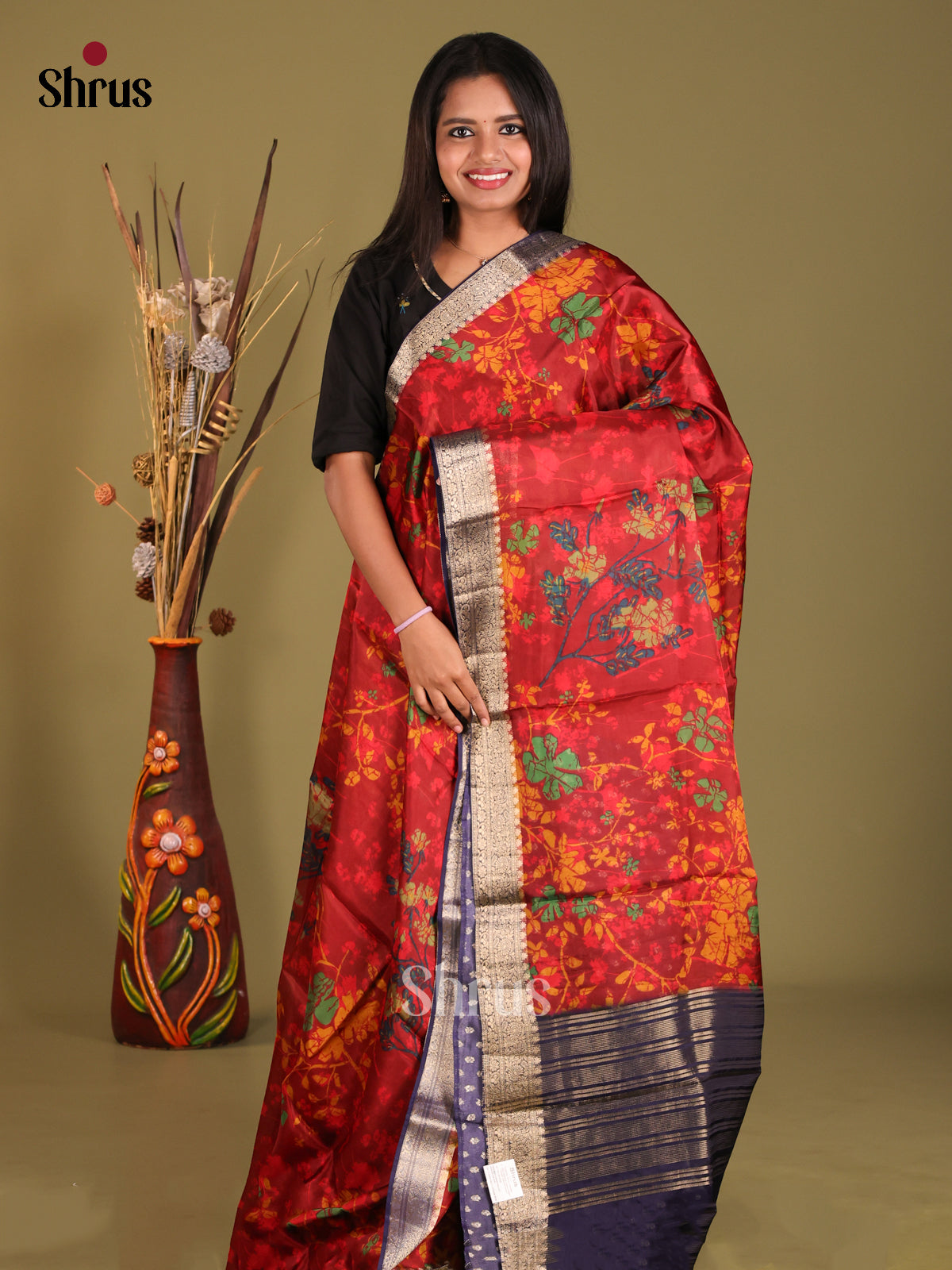 Red & Blue- Semi Organza Saree - Shop on Shrus.com