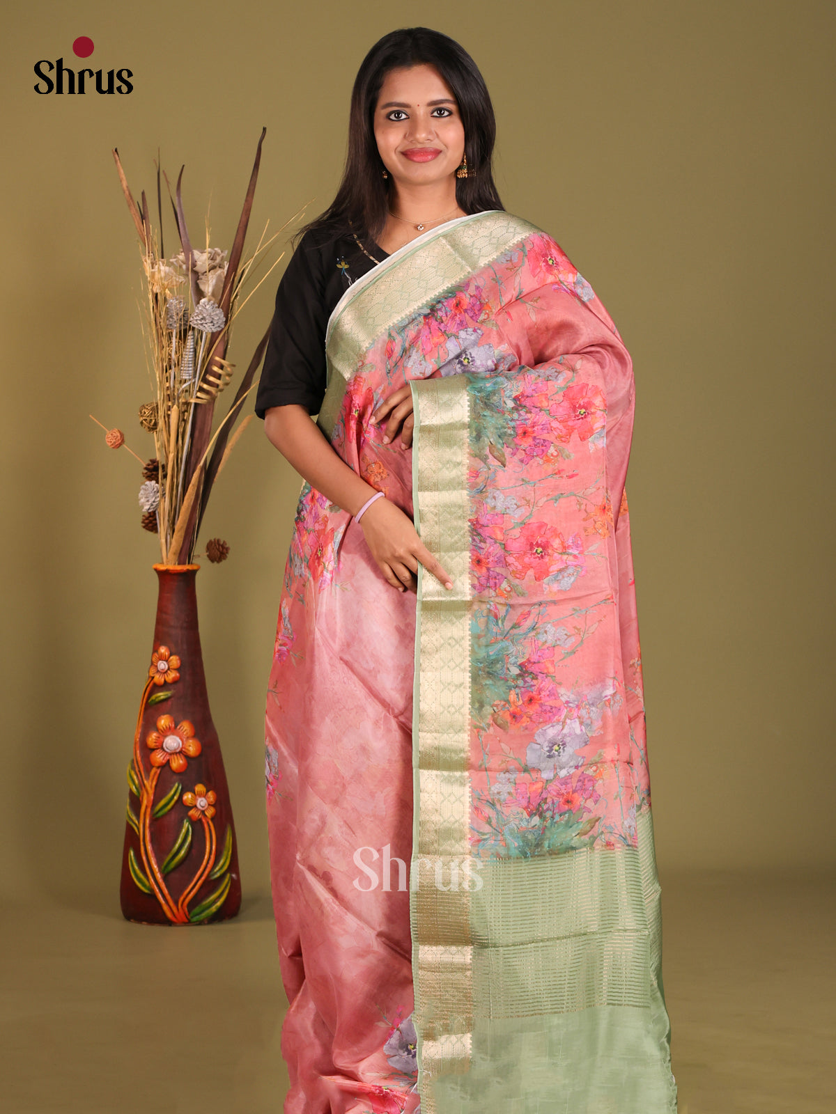Pink & Green - Semi Organza Saree - Shop on Shrus.com