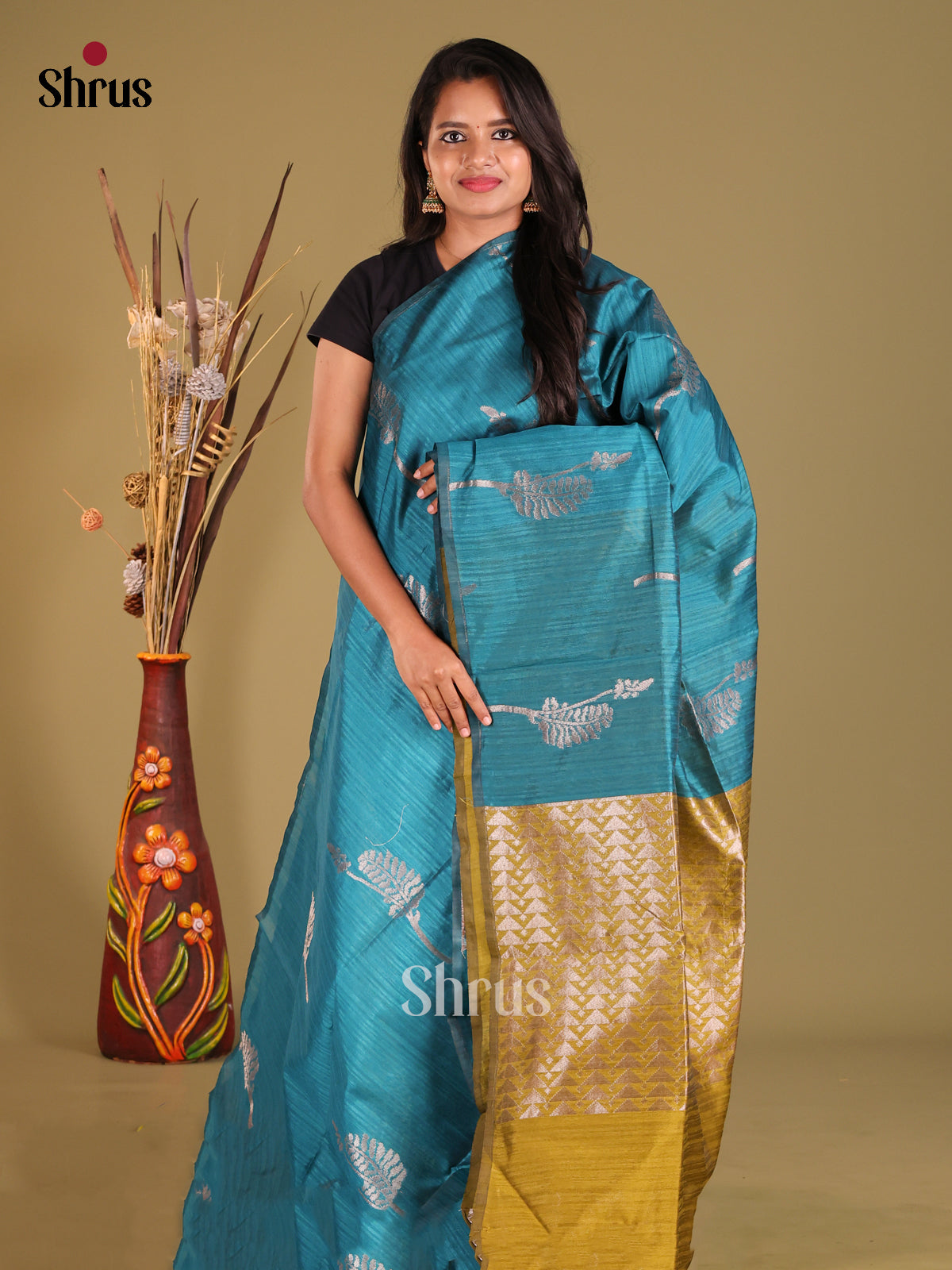 Blue & Green - Semi Jute Saree