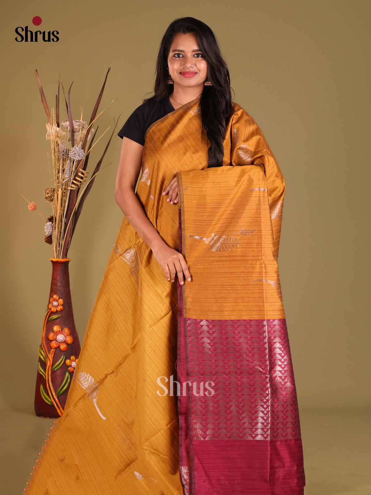 Mustard & Maroon - Semi Jute Saree - Shop on Shrus.com