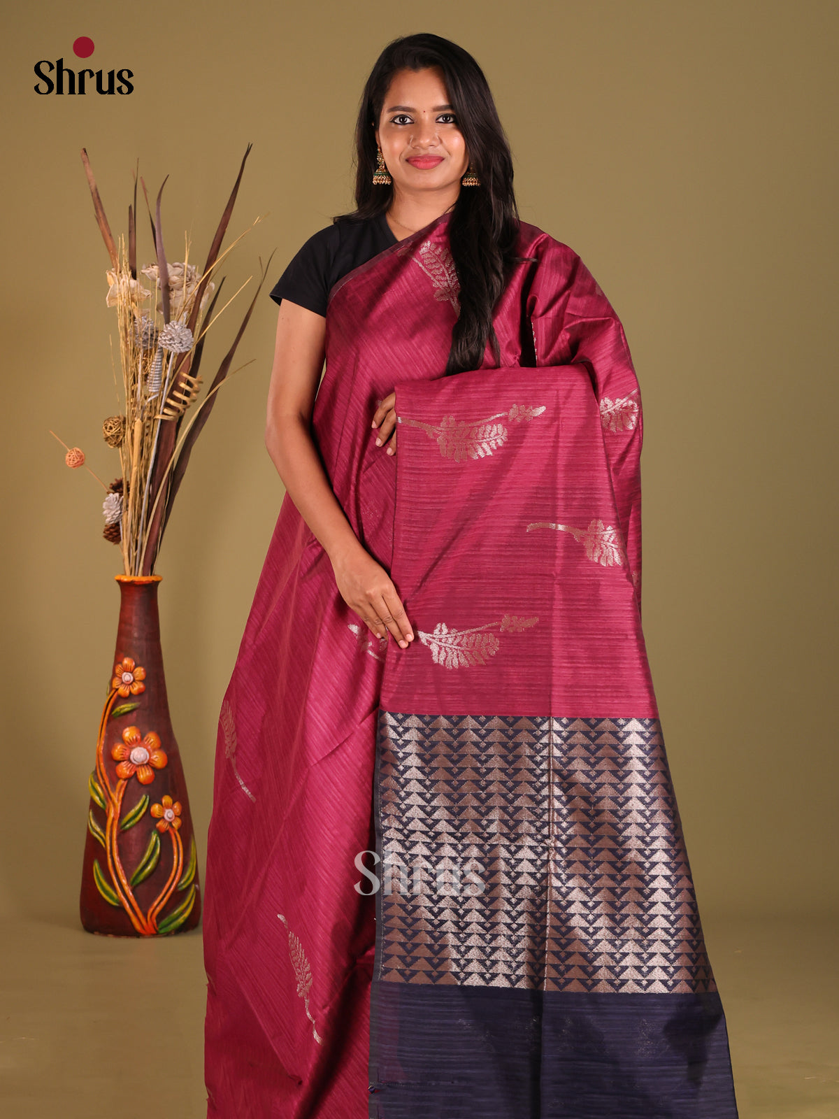 Maroon & Blue - Semi Jute Saree - Shop on Shrus.com