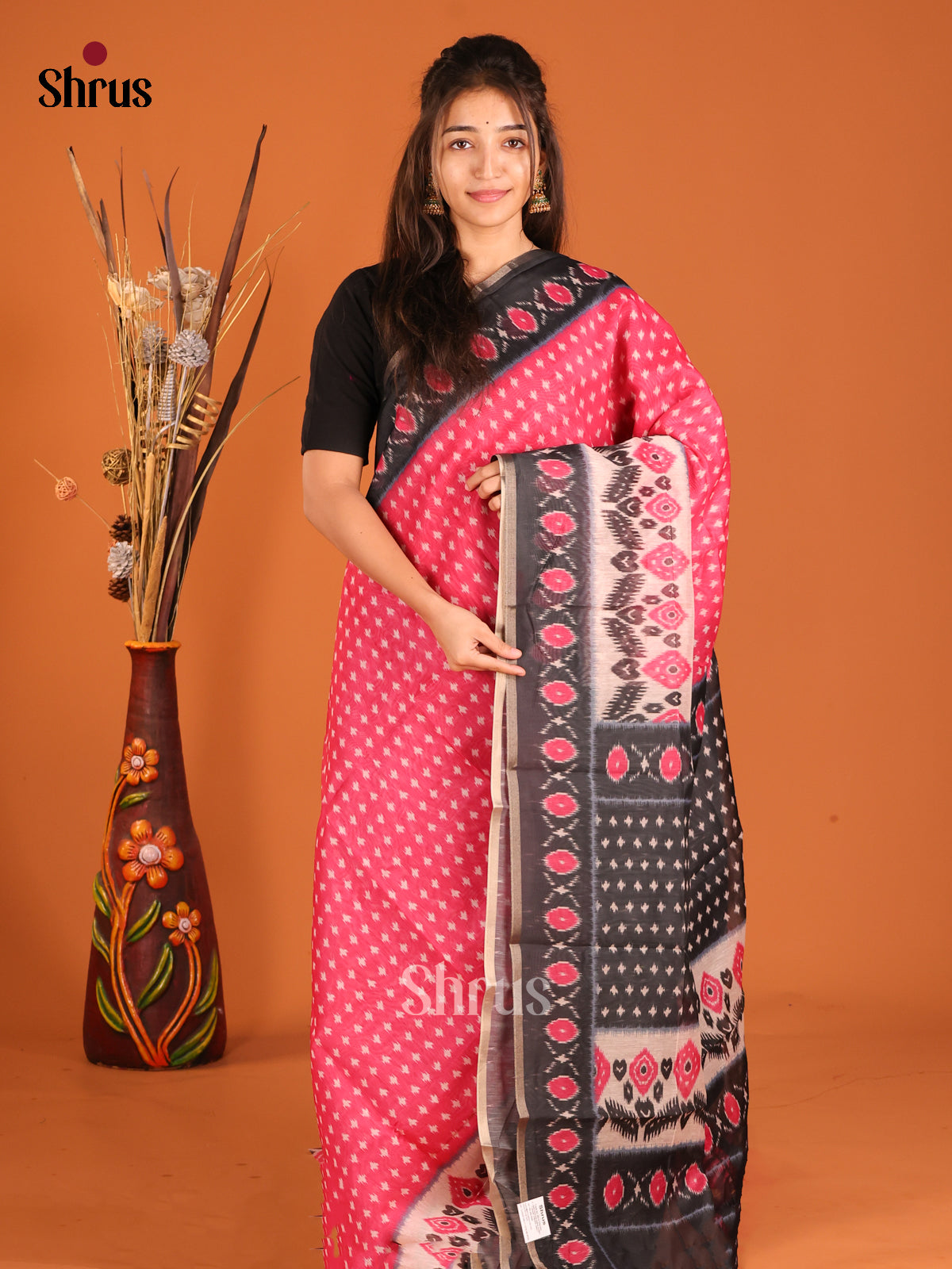 Pink & black- Semi Chanderi Saree - Shop on Shrus.com