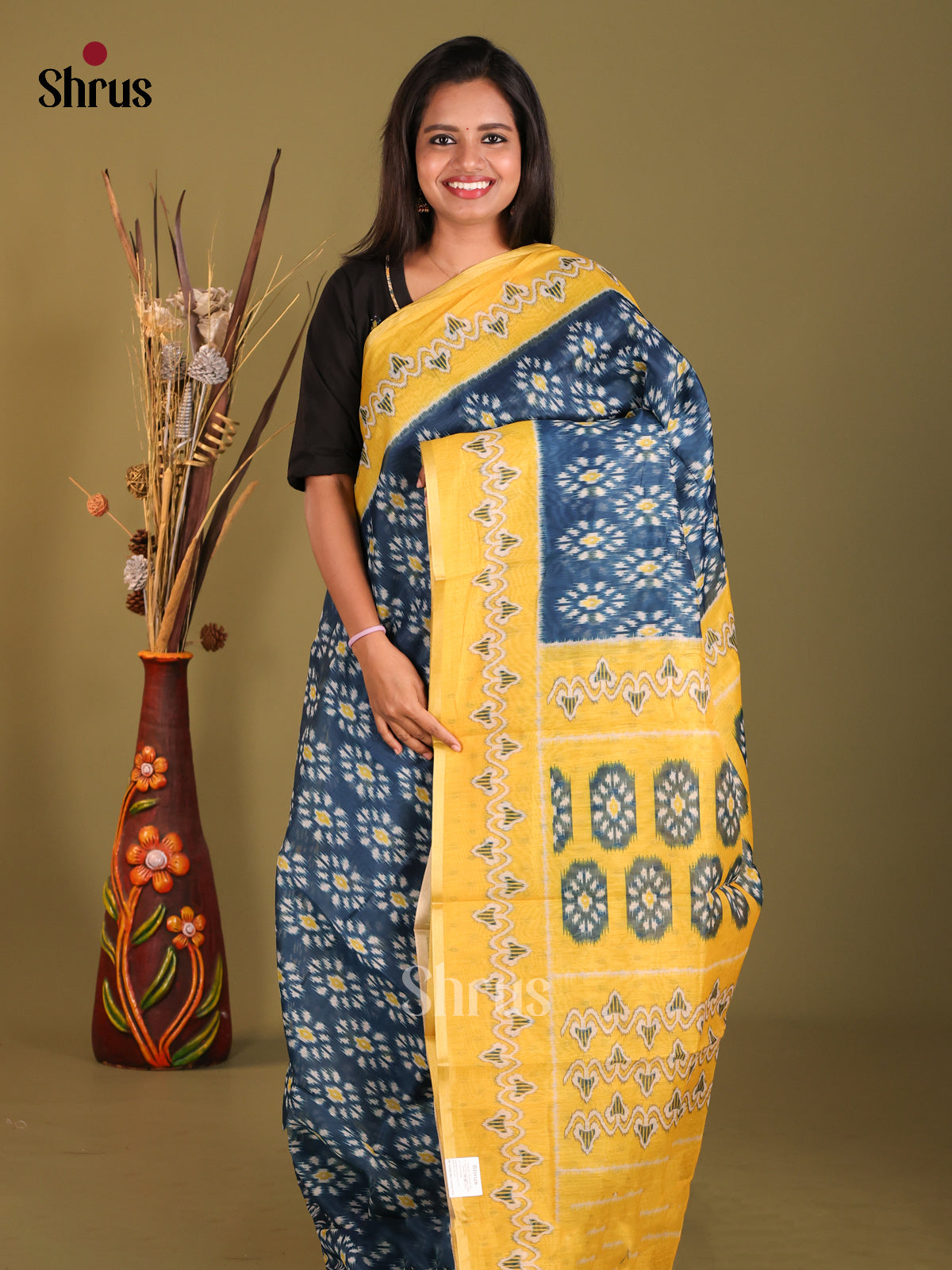 DFS12249 - Blue Linen Cotton Saree - Shop on Shrus.com