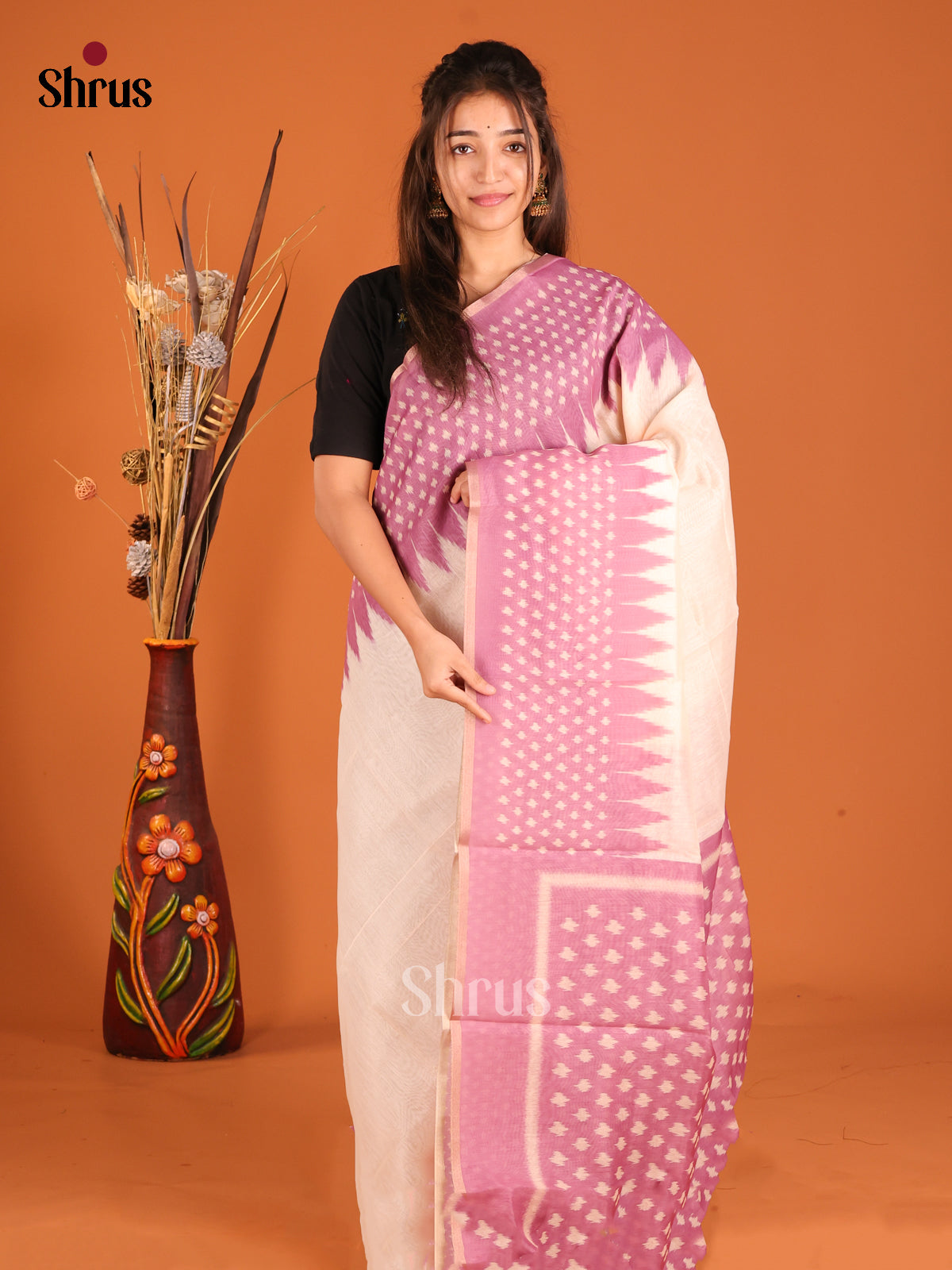 Cream & Pink - Semi Chanderi Saree