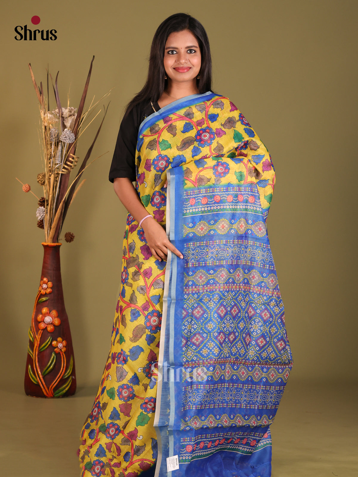 Yellow & Blue - Semi Chanderi Saree - Shop on Shrus.com