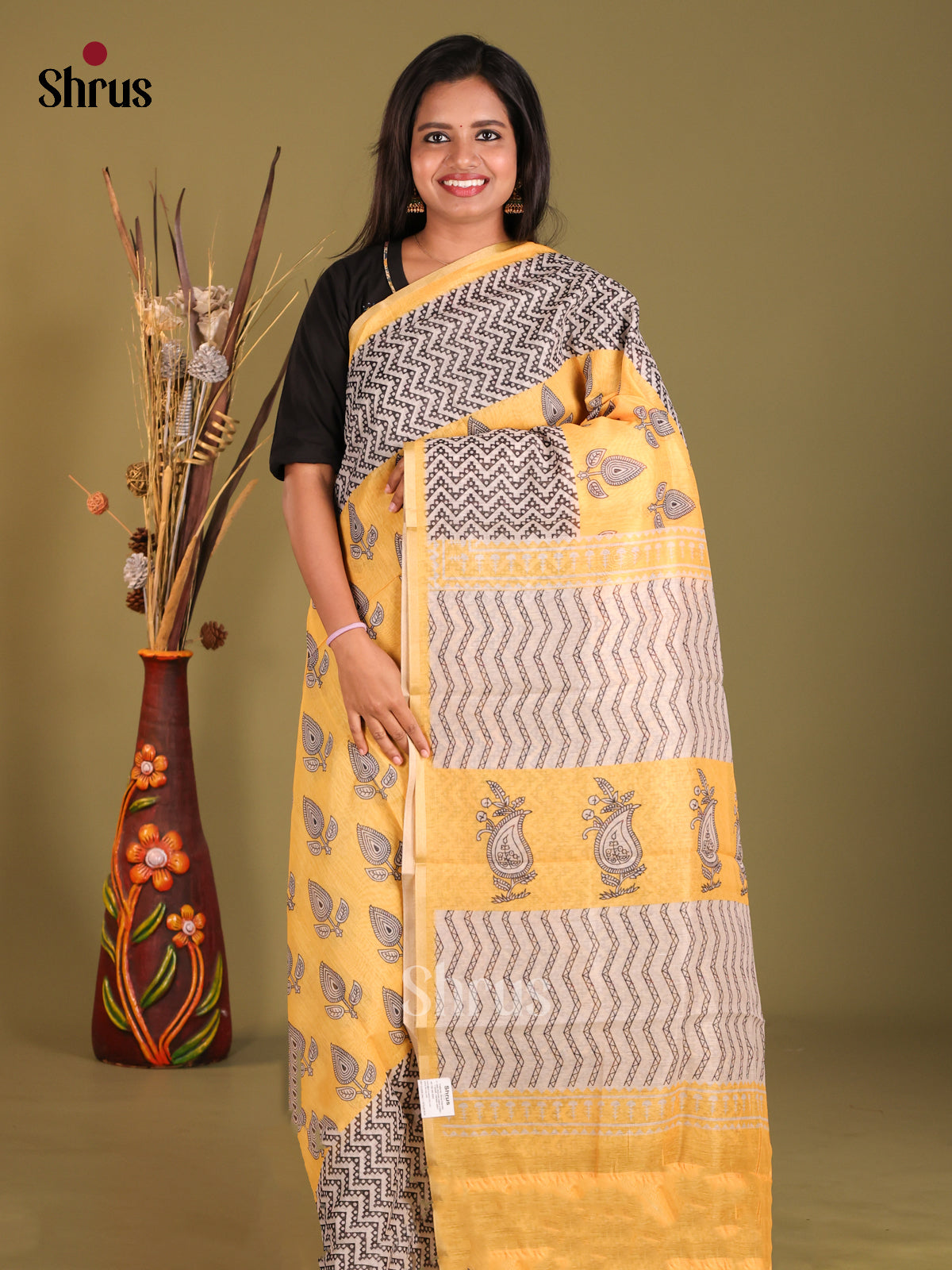 Yellow & Black - Semi Chanderi Saree - Shop on Shrus.com