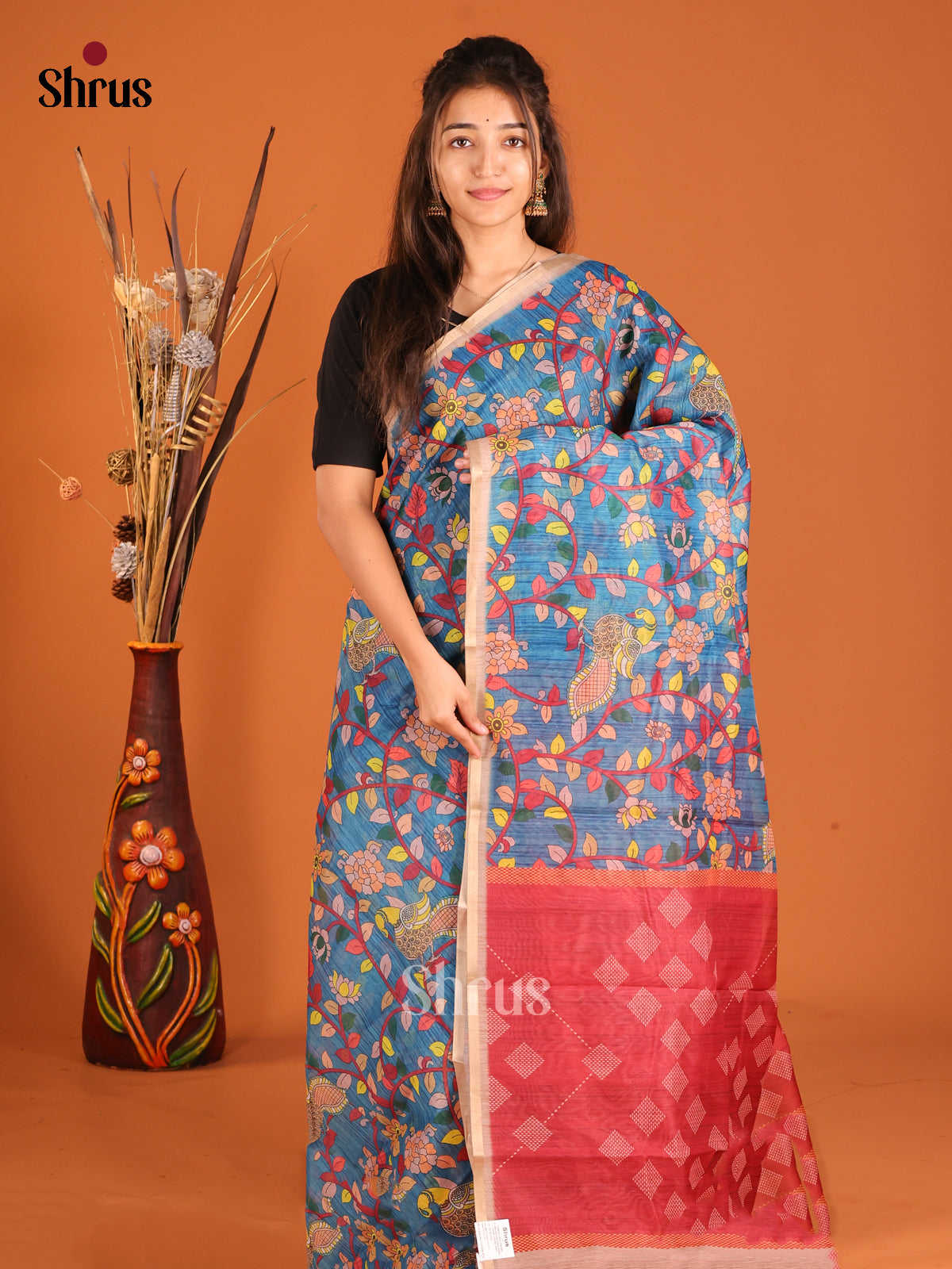 Blue & Red - Semi Chanderi Saree