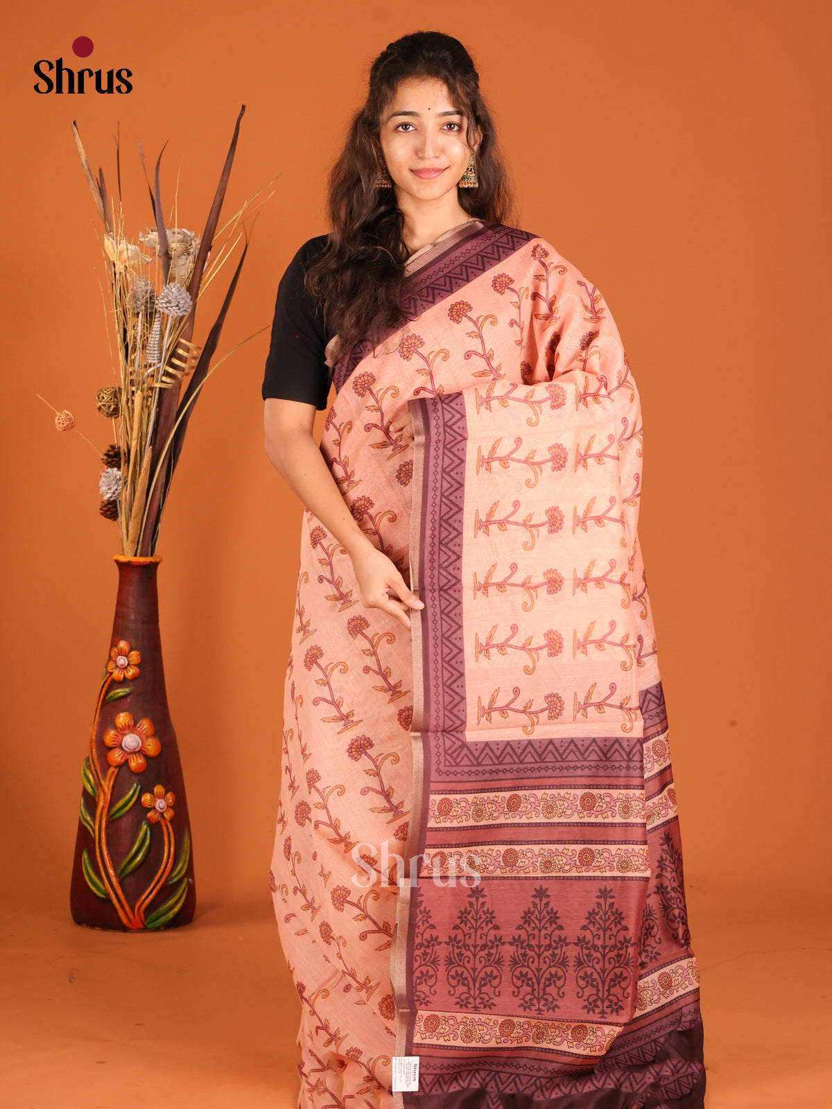 Peach & Brown - Semi Chanderi Saree - Shop on Shrus.com