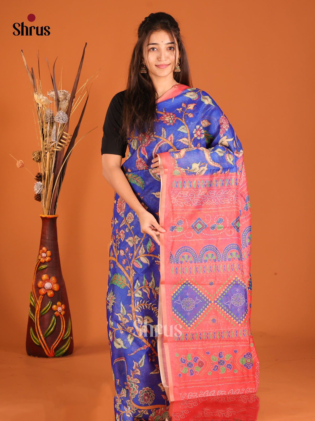 Blue & Red - Semi Chanderi Saree