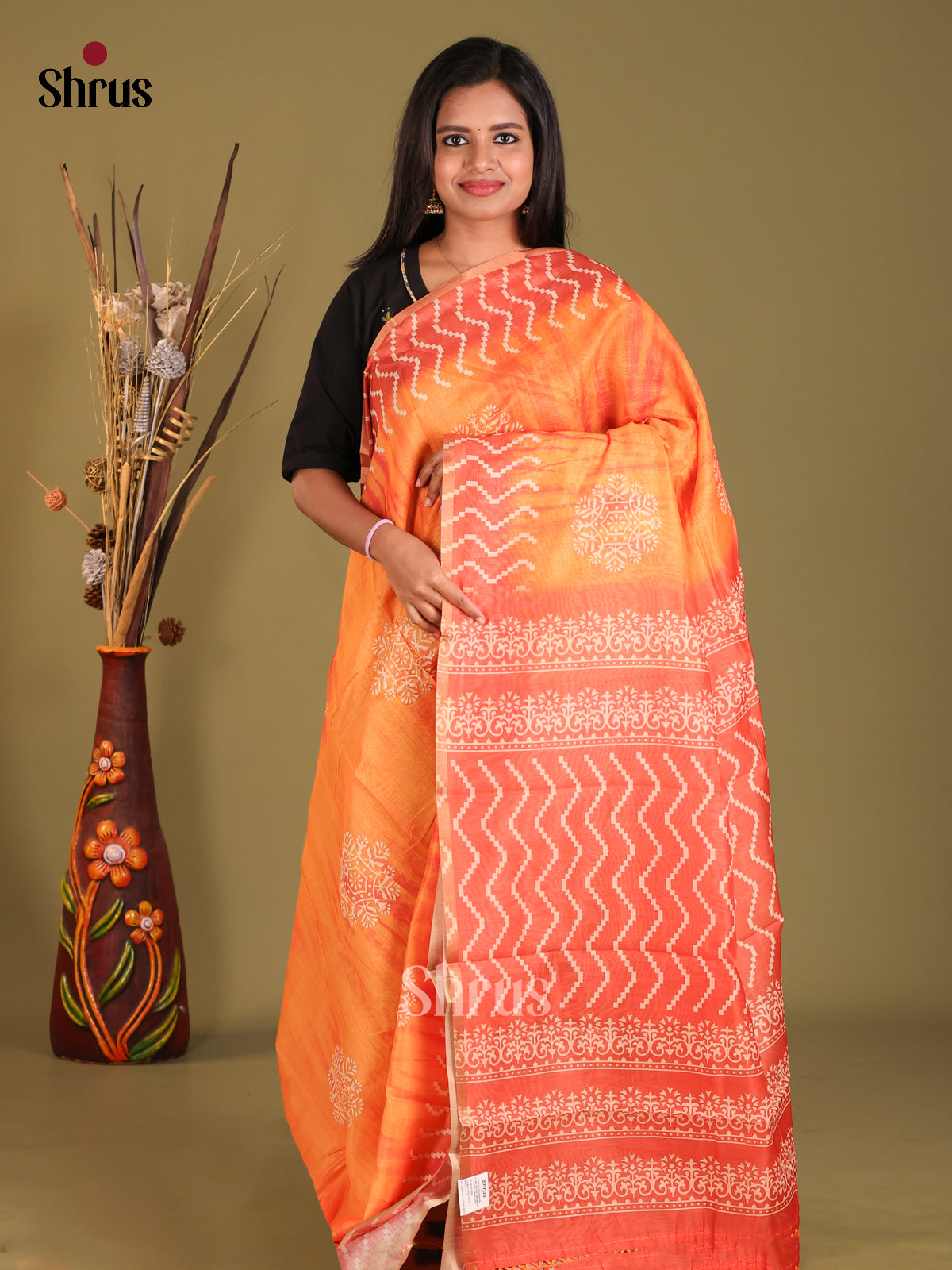 Orange - Semi Chanderi Saree - Shop on Shrus.com