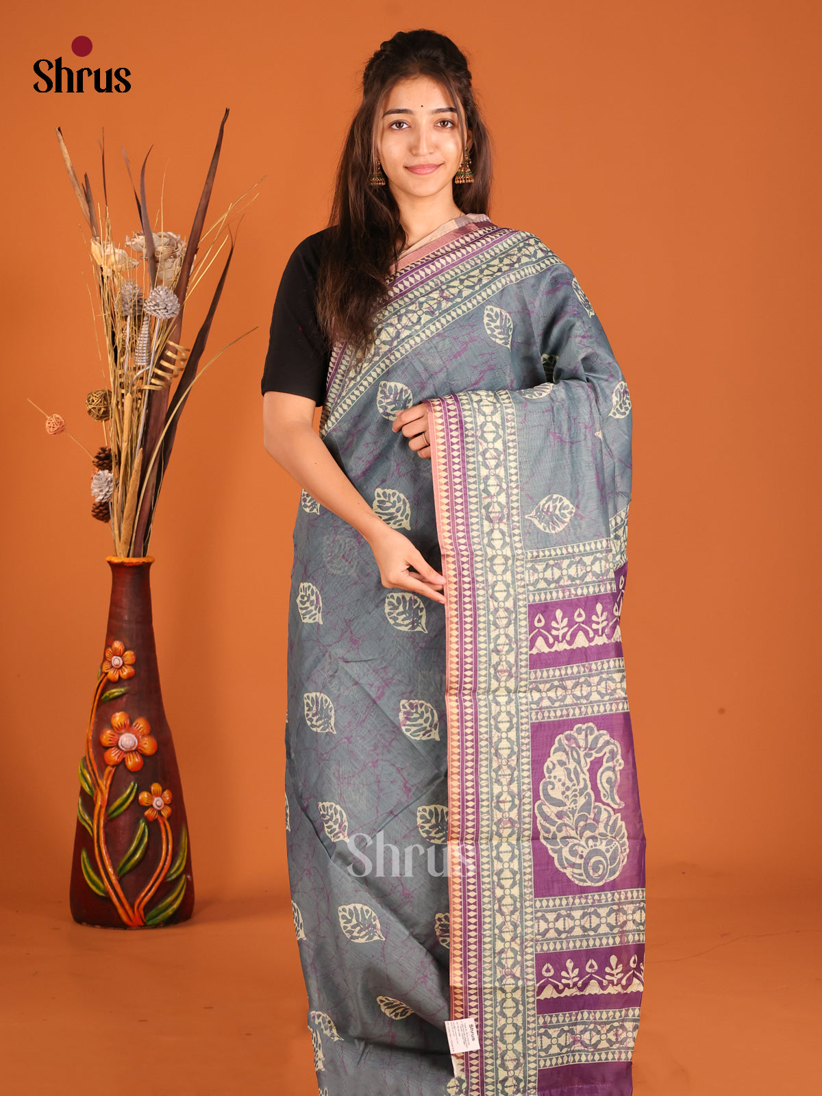 Grey & Purple - Semi Chanderi Saree - Shop on Shrus.com