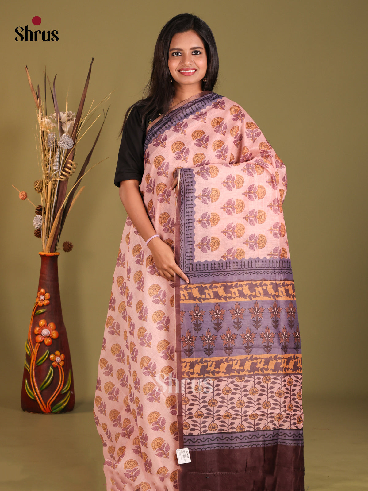Pink & Brown - Semi Chanderi Saree - Shop on Shrus.com