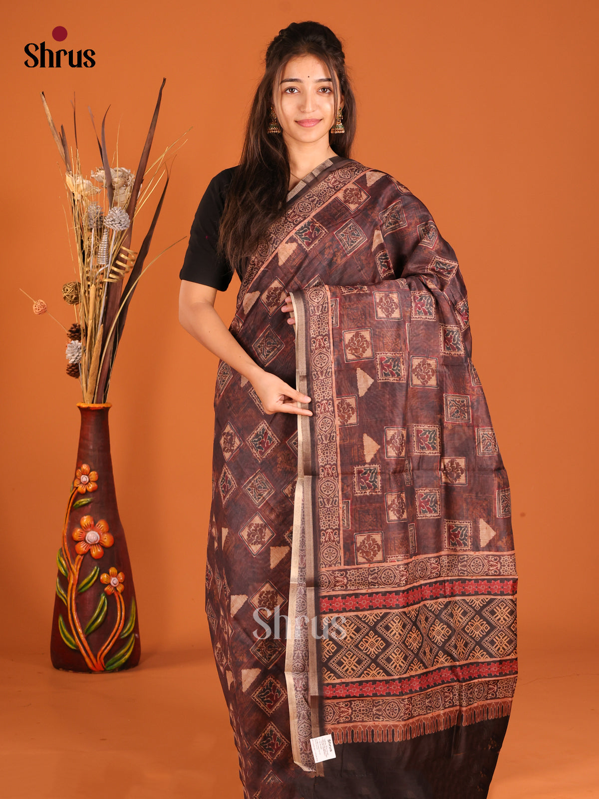 Brown & Black- Semi Chanderi Saree