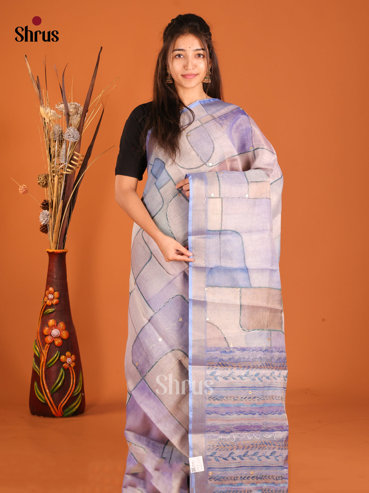 Grey & Blue- Semi Chanderi Saree - Shop on Shrus.com
