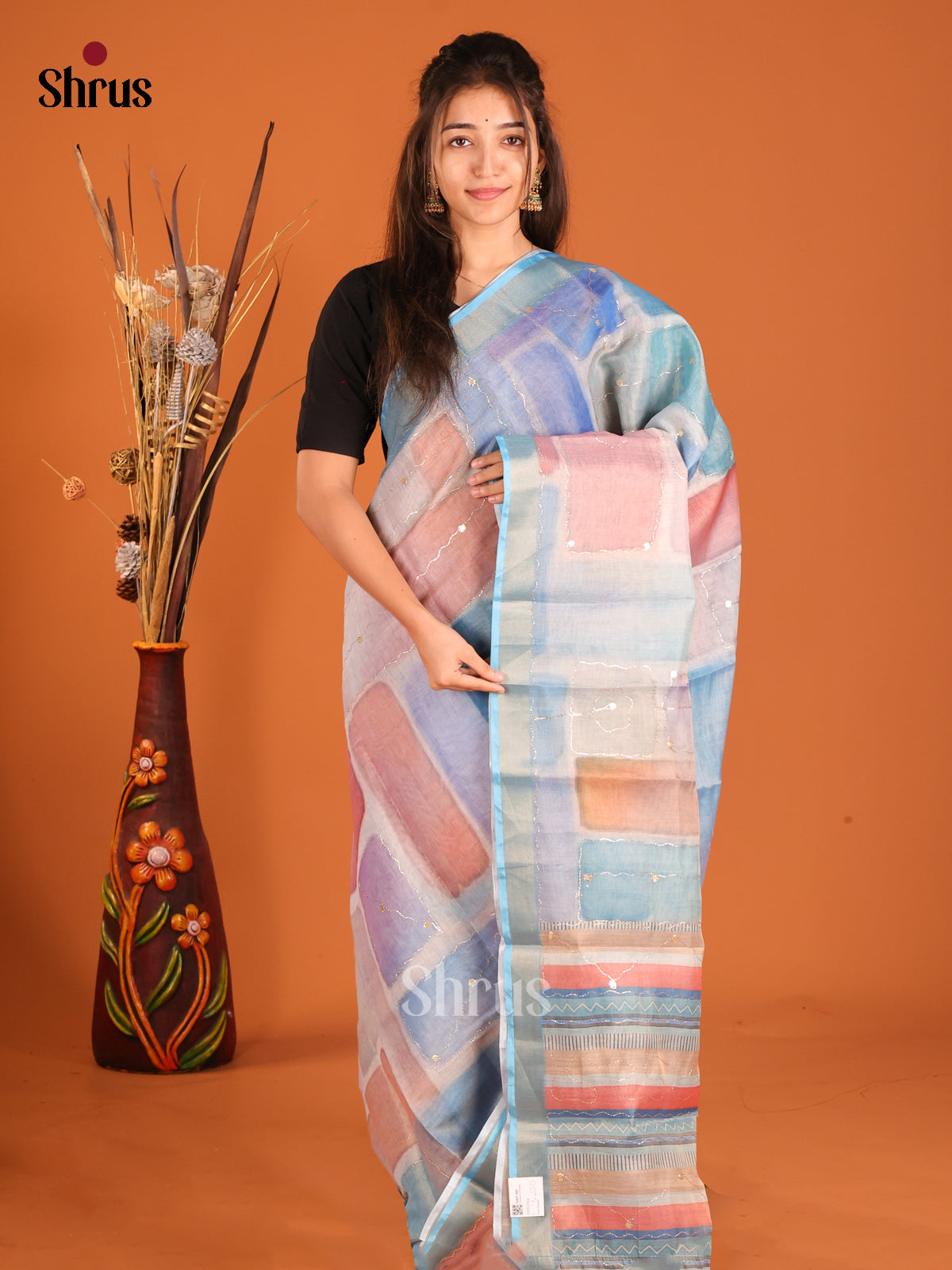 Grey & Blue- Semi Chanderi Saree - Shop on Shrus.com