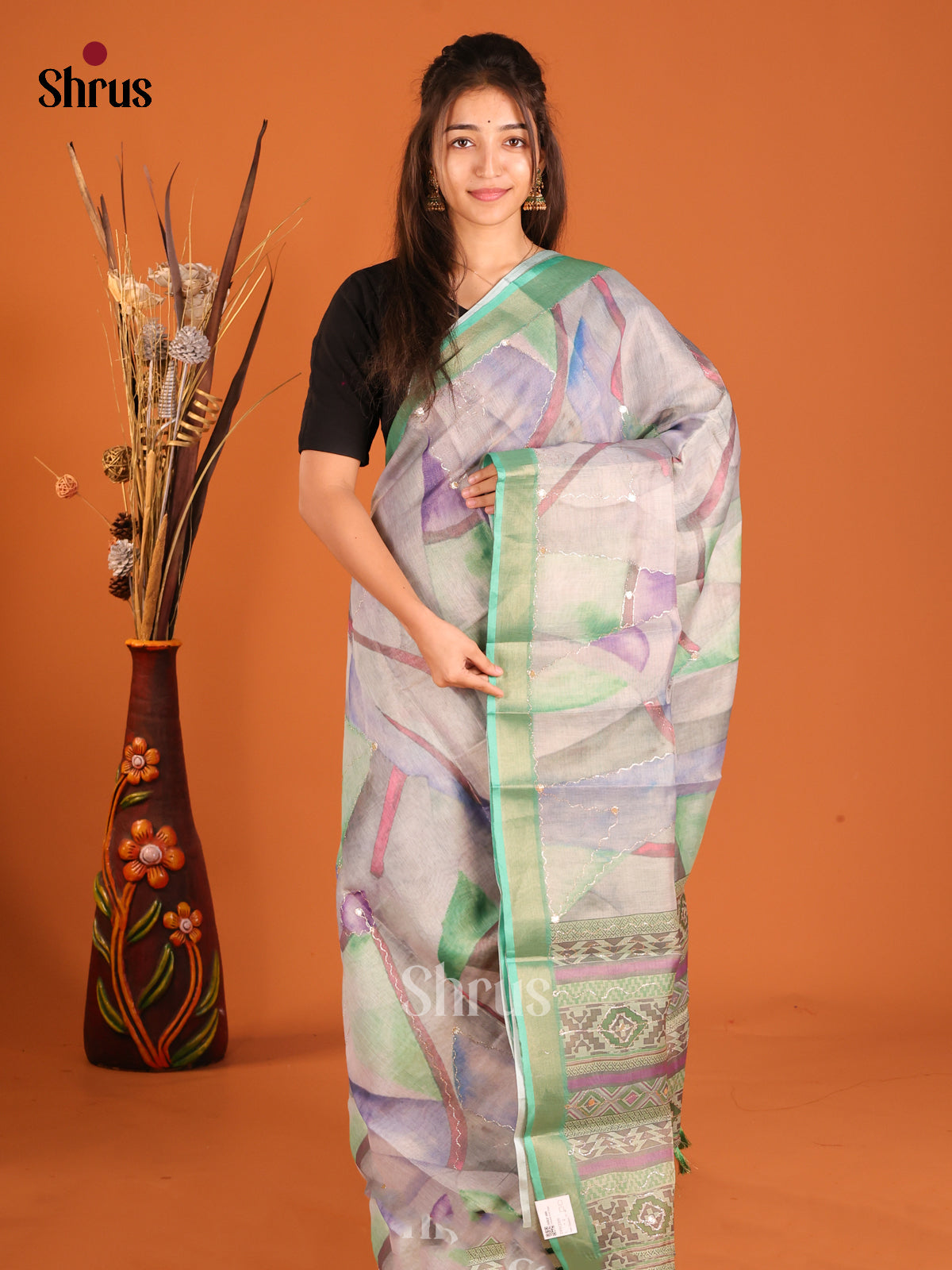 Grey & Green - Semi Chanderi Saree - Shop on Shrus.com