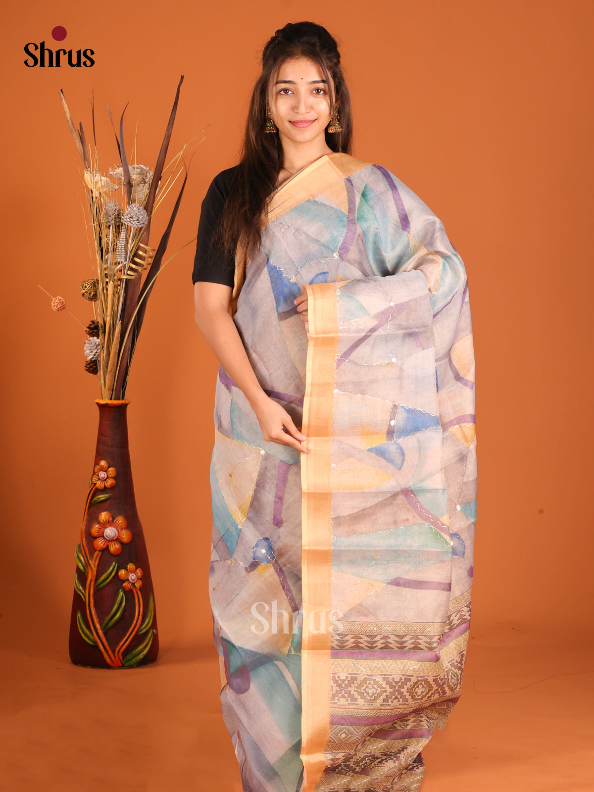 Blue & Brown - Semi Chanderi Saree