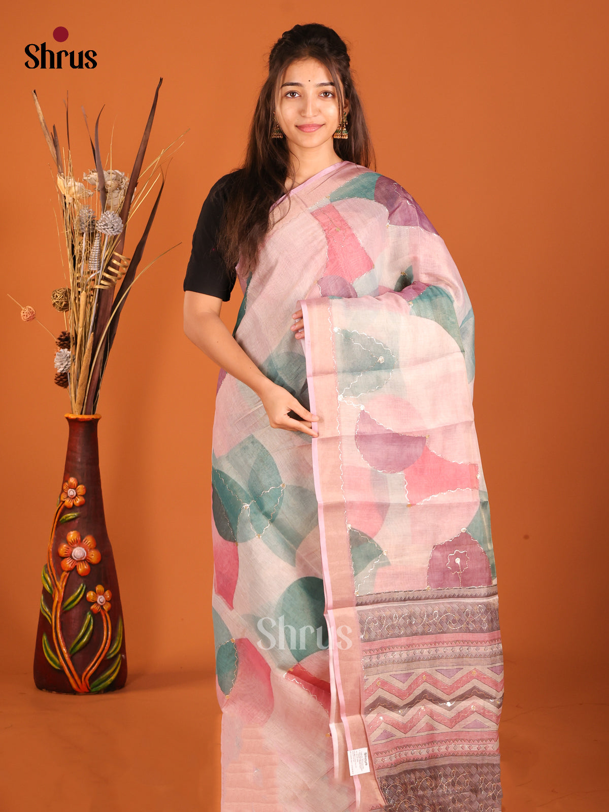 Pink & Green- Semi Chanderi Saree - Shop on Shrus.com