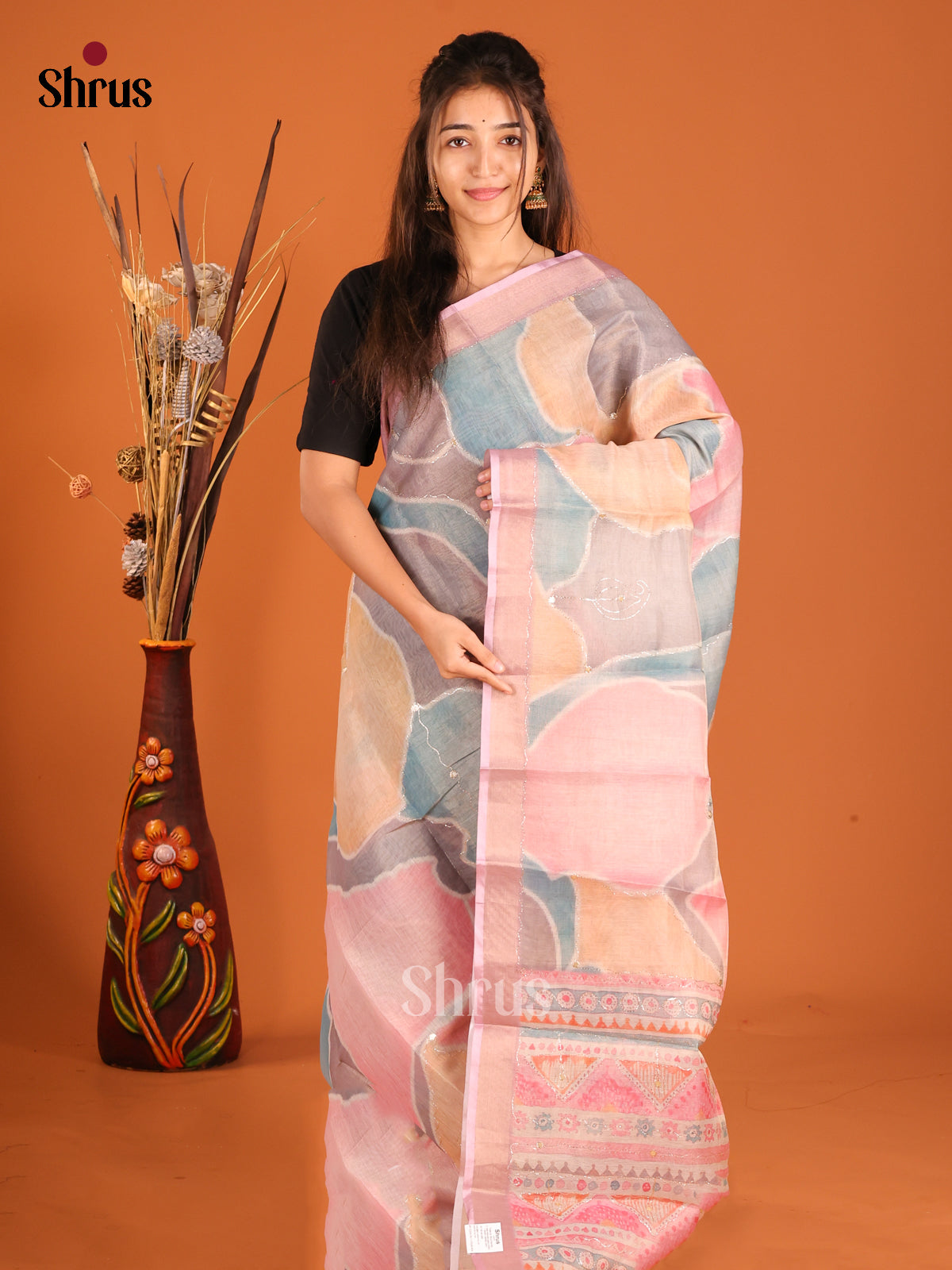 Pink & Blue  - Semi Chanderi Saree - Shop on Shrus.com