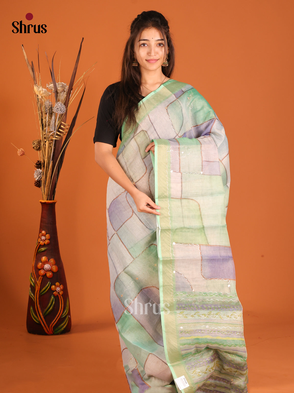 Green & Purple - Semi Chanderi Saree - Shop on Shrus.com