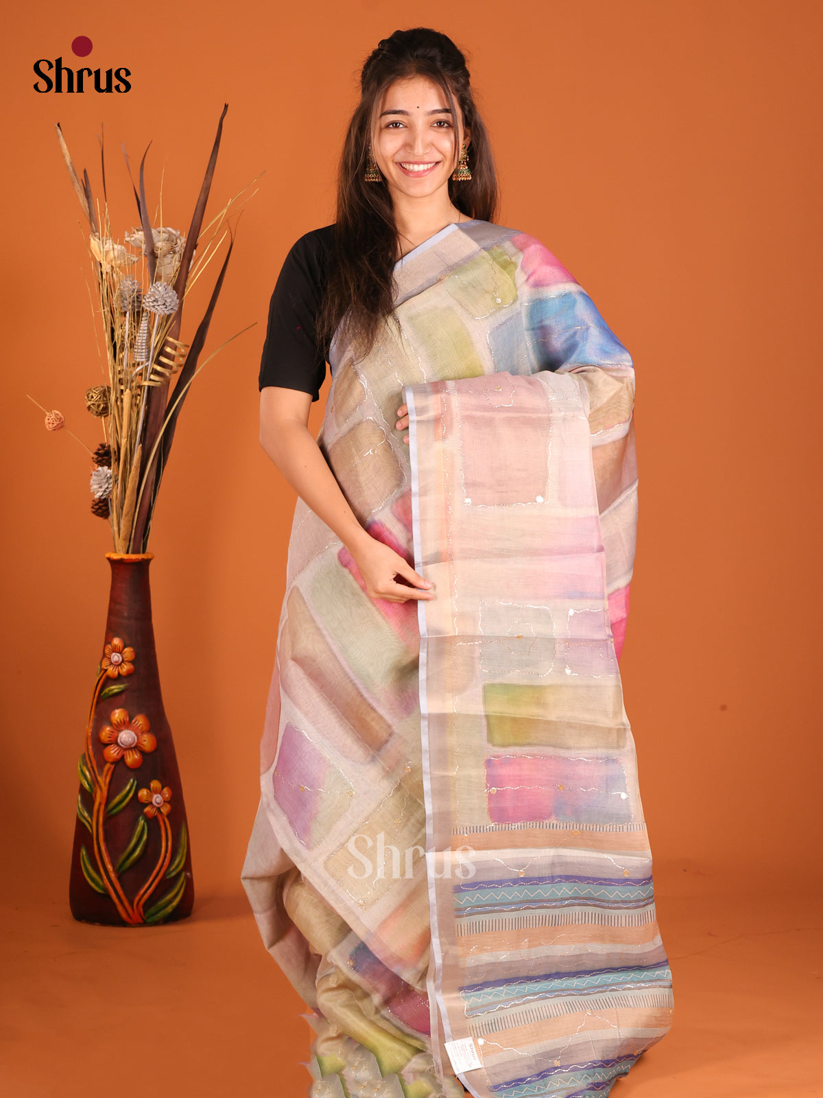 Grey & Blue - Semi Chanderi Saree