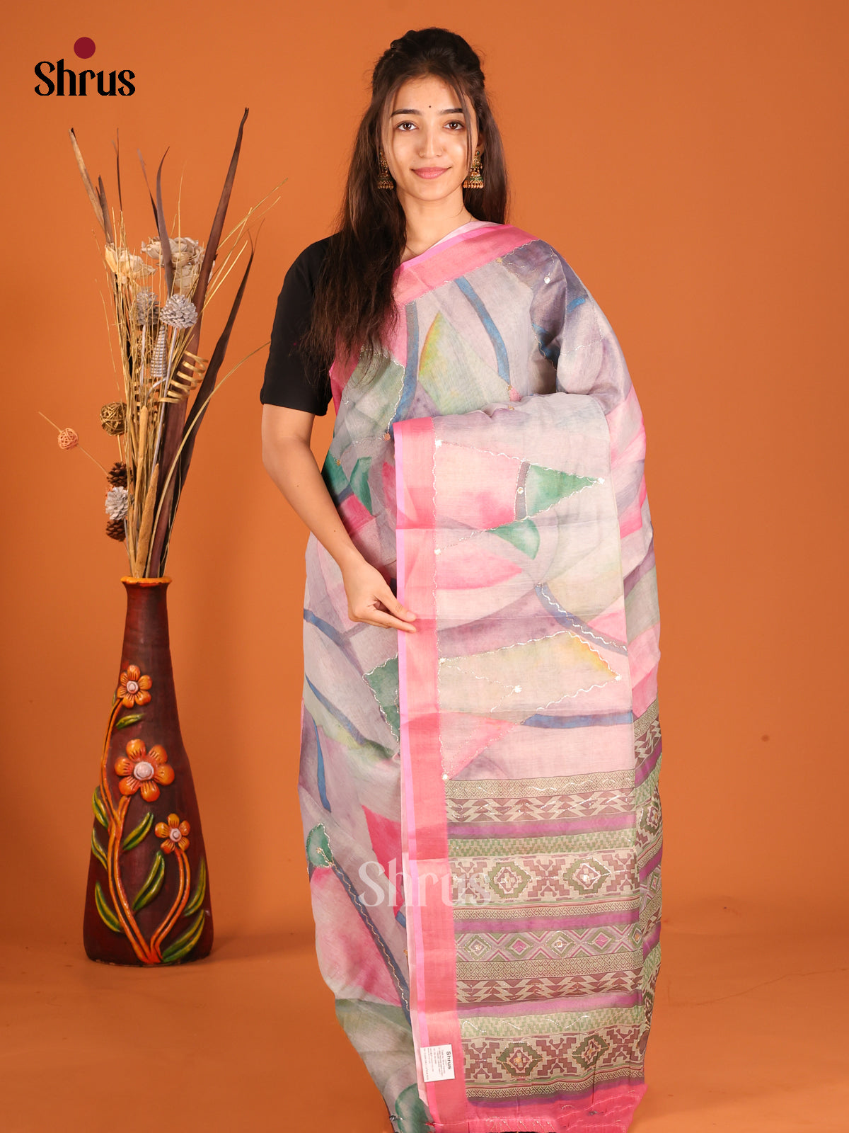 Grey & Pink - Semi Chanderi Saree