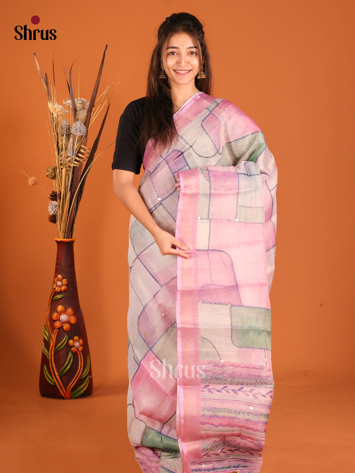 Grey & Pink - Semi Chanderi Saree - Shop on Shrus.com
