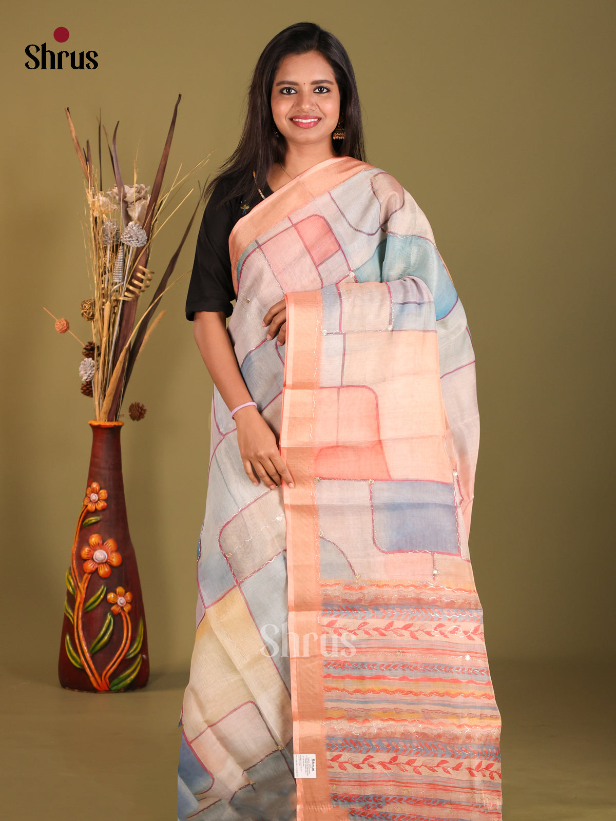 Peach & Blue - Semi Chanderi Saree - Shop on Shrus.com