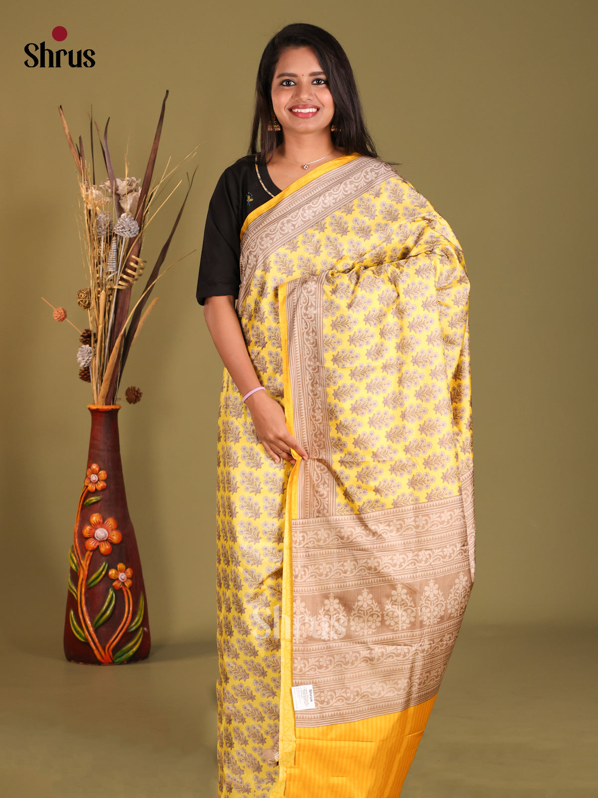 Yellow - Semi Tussar Saree - Shop on Shrus.com