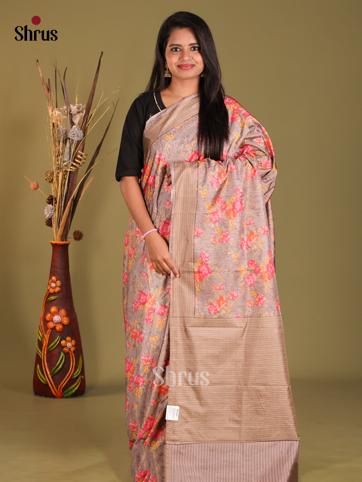 Grey & Pink - Semi Tussar Saree