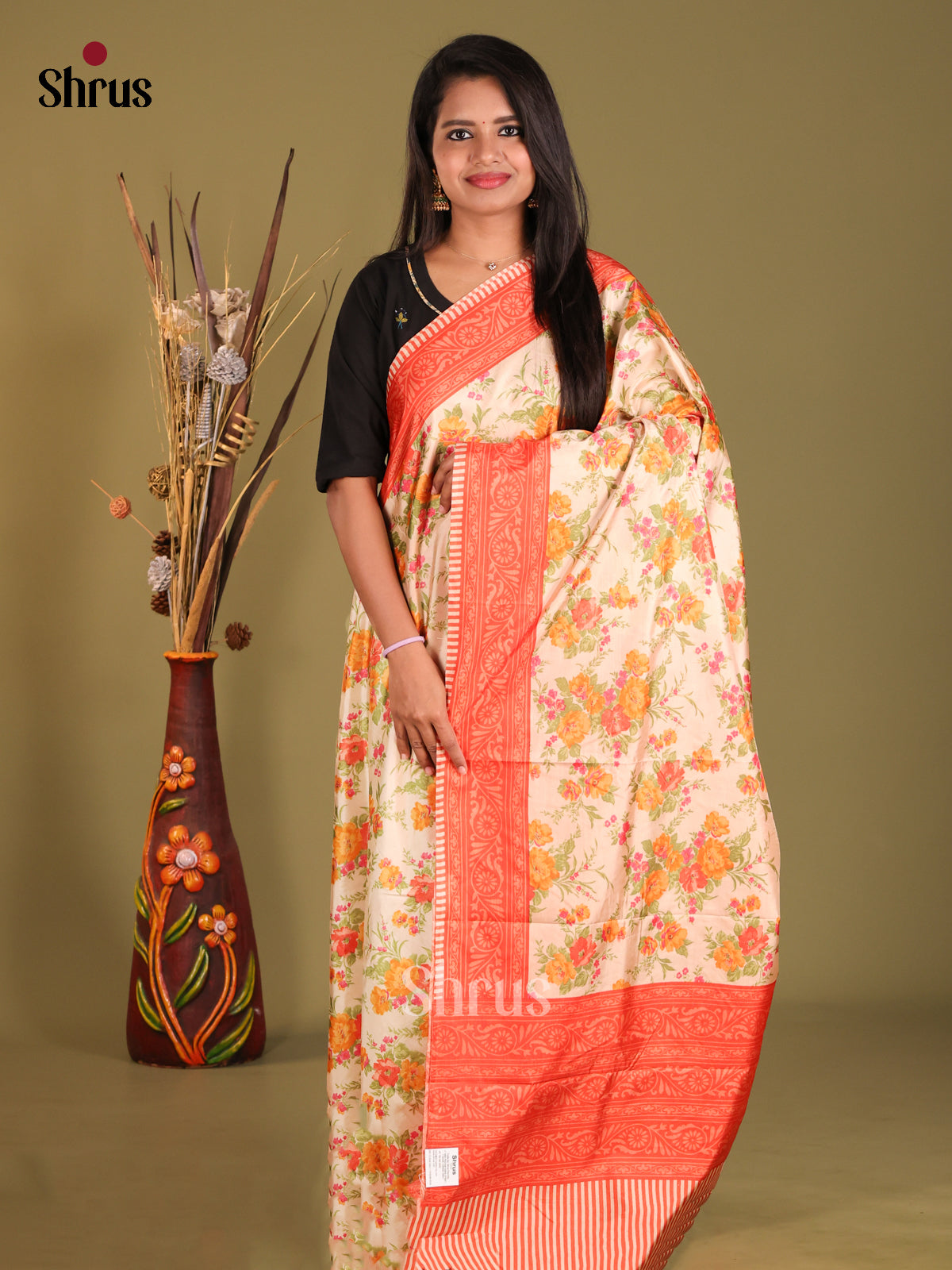 Cream & Orange - Semi Tussar Saree