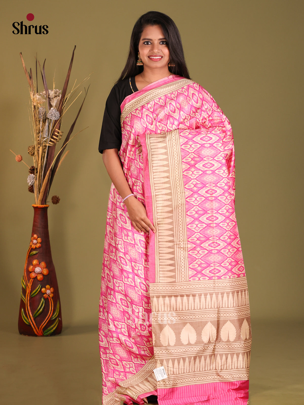 Pink - Semi Tussar Saree - Shop on Shrus.com