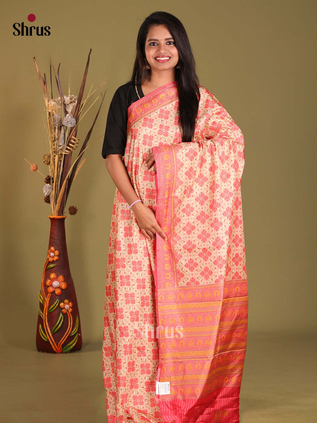 Cream & Pink - Semi Tussar Saree