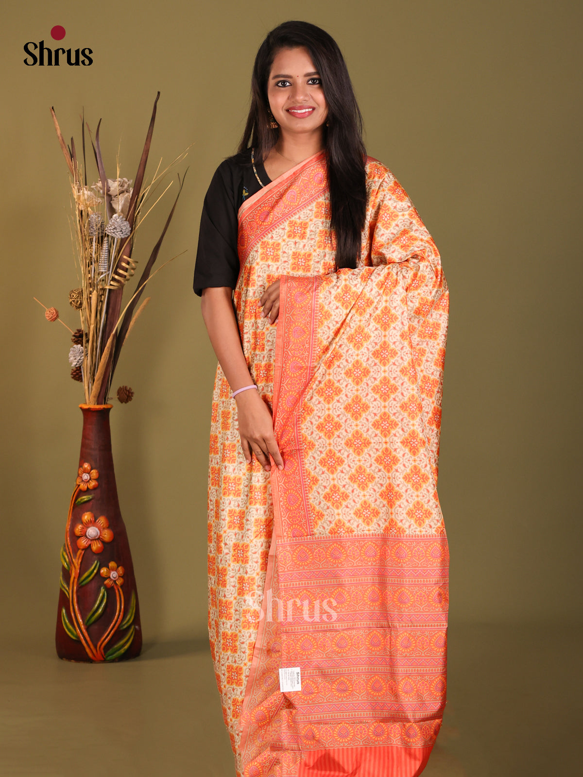 Cream & Orange - Semi Tussar Saree
