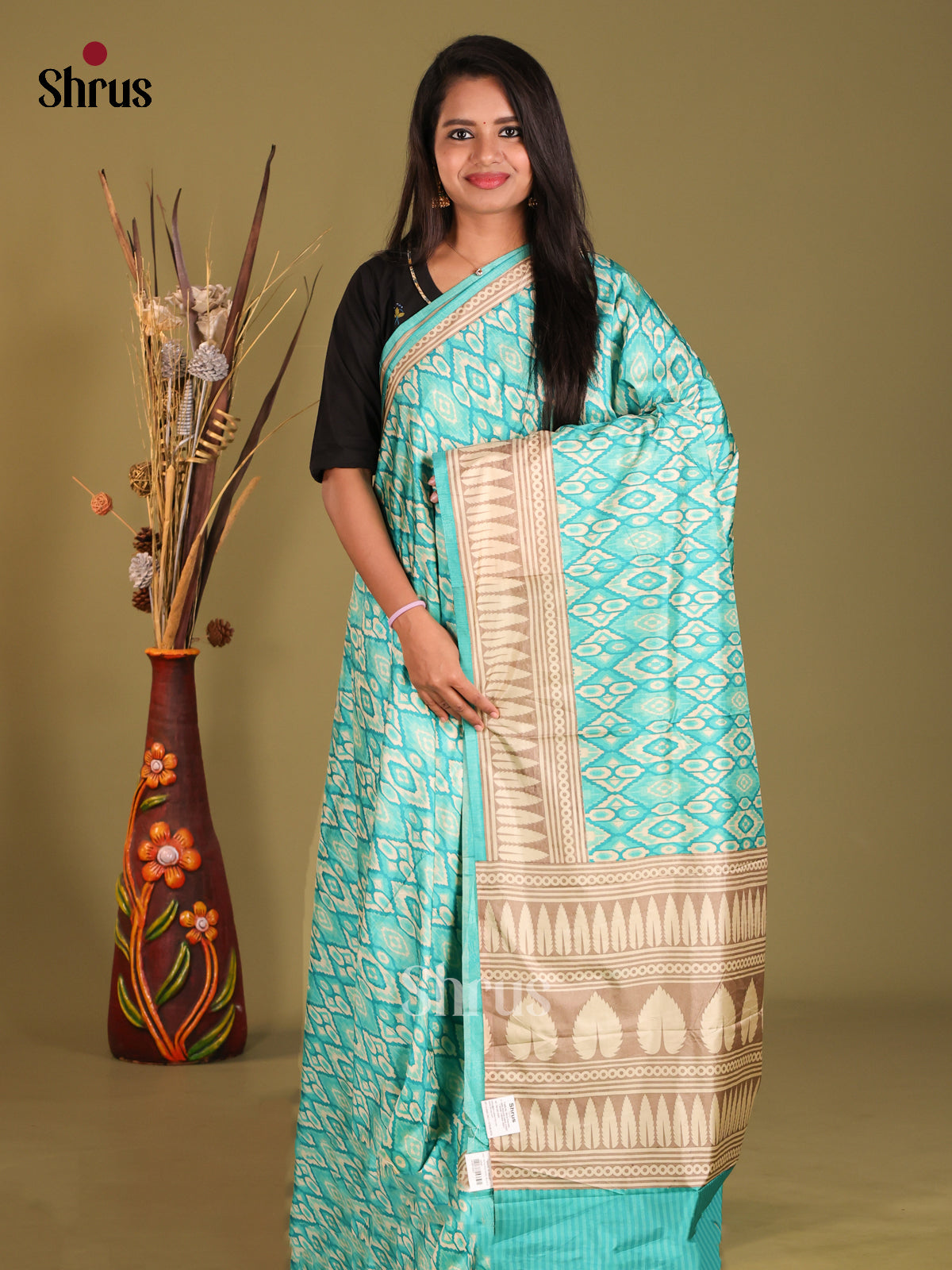 Teal & Grey - Semi Tussar Saree - Shop on Shrus.com