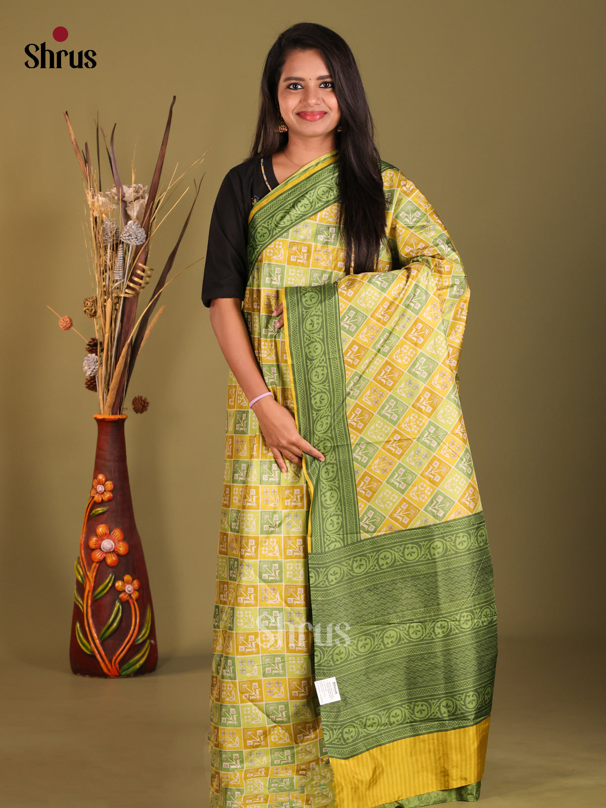 Yellow & Green - Semi Tussar Saree - Shop on Shrus.com