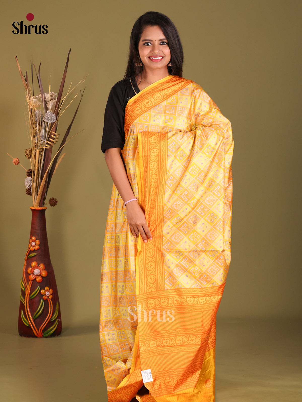 Mustard - Semi Tussar Saree - Shop on Shrus.com